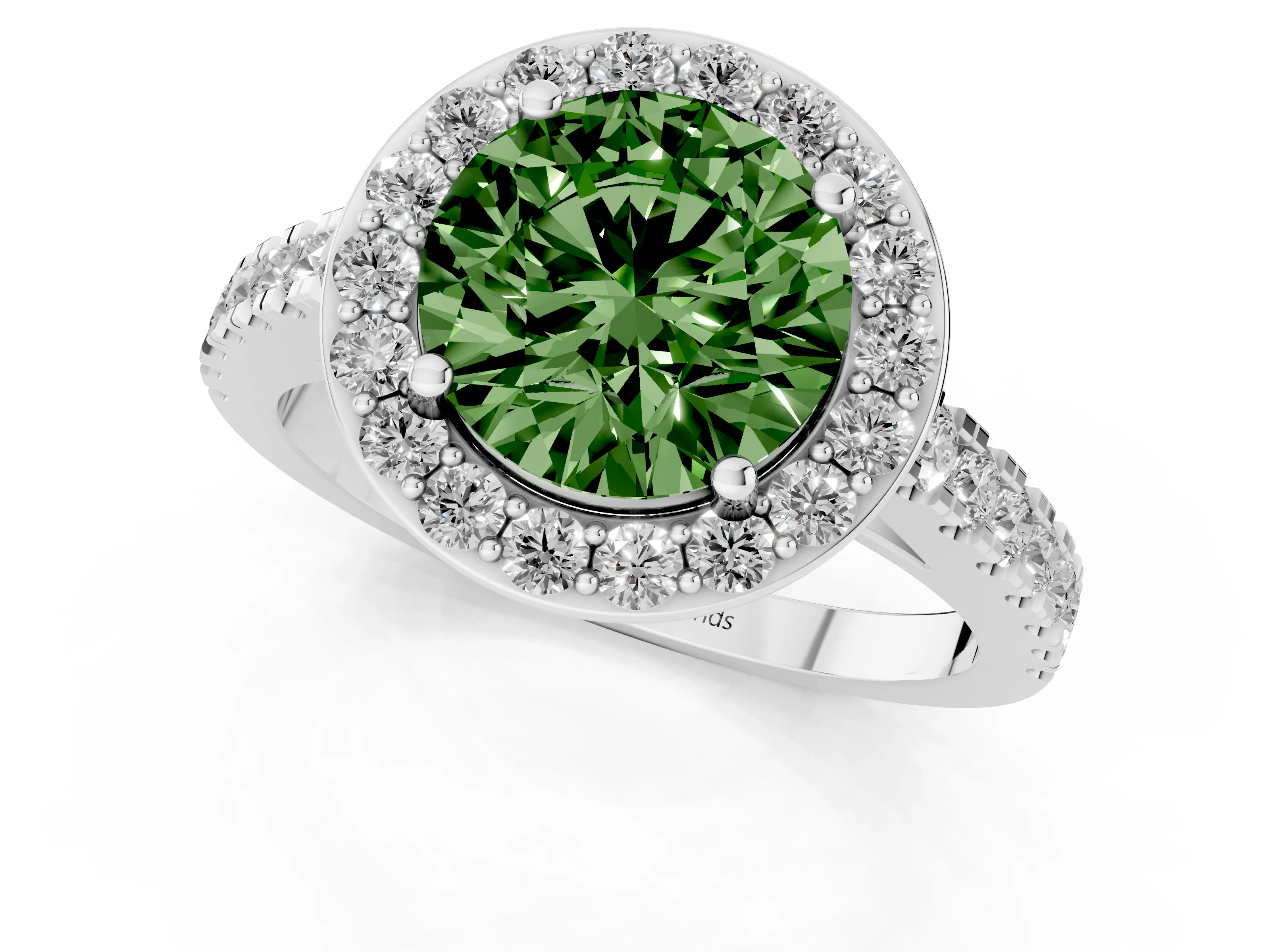 Fancy Green Round Cut Diamond Halo Ring Set in White gold with Round Pavé Split Shank and Prong Setting