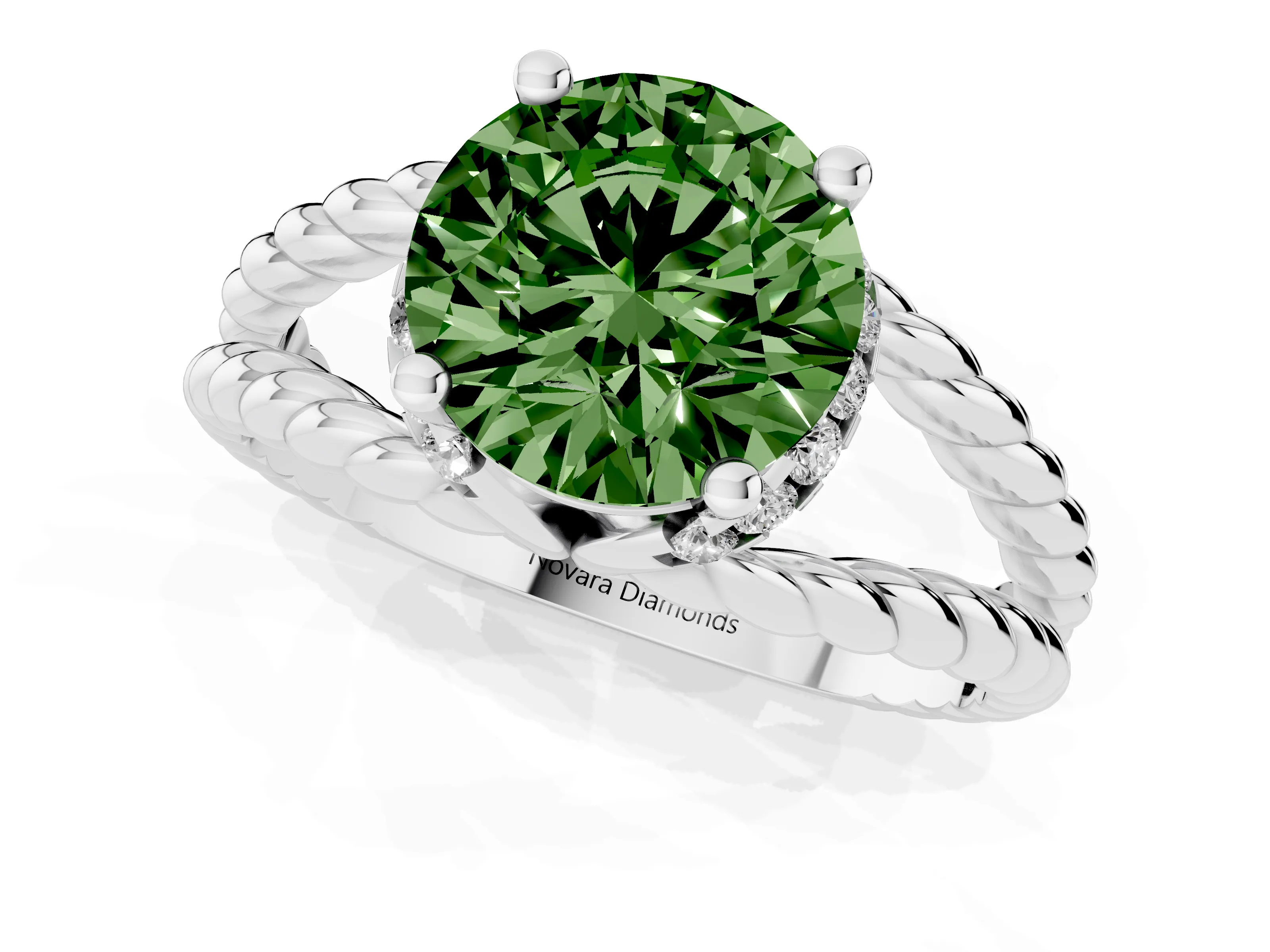 Fancy Green Round Cut Diamond Halo Ring Set in White gold with Twisted Band and Prong Setting