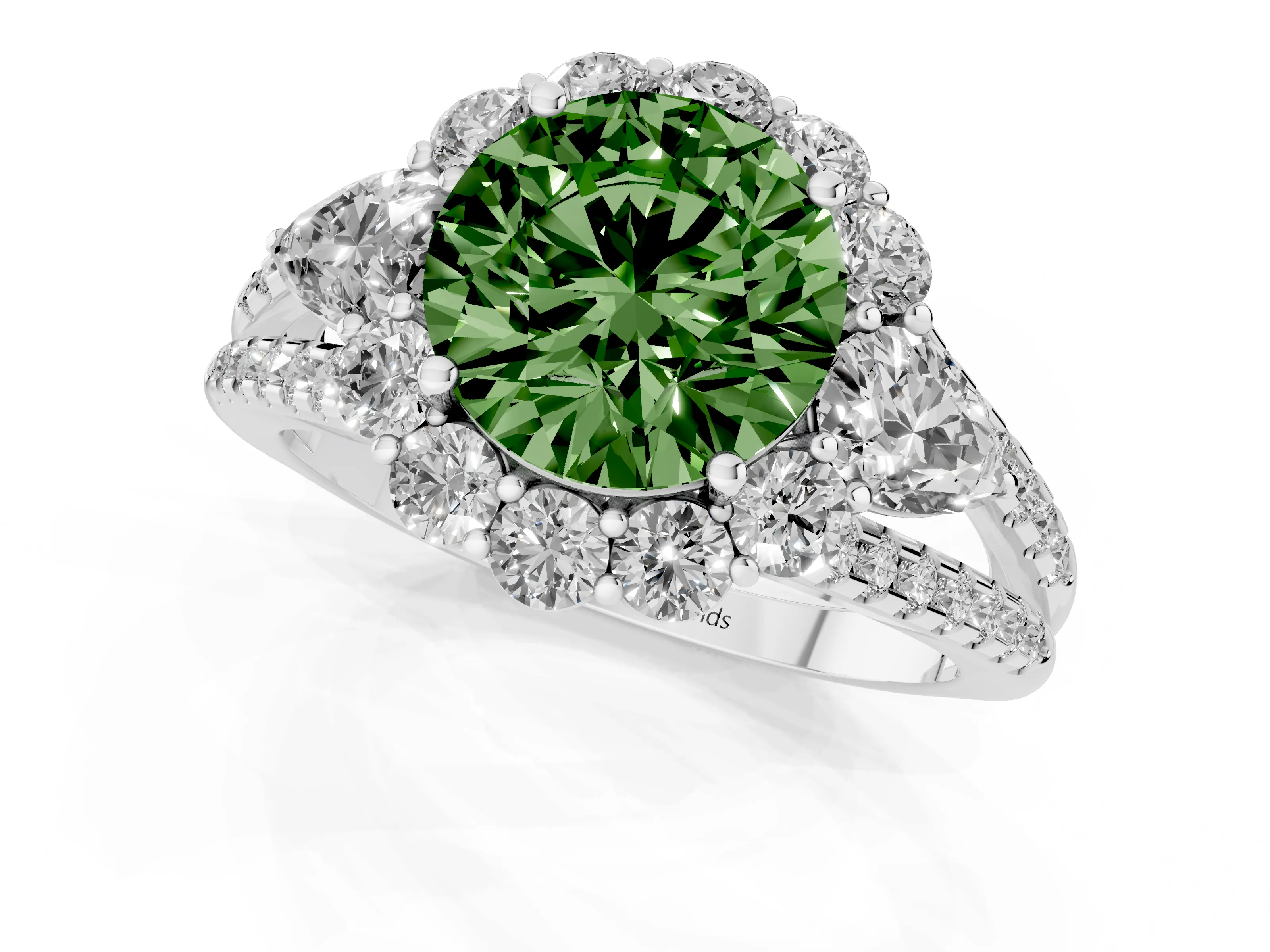 Fancy Green Round Cut Diamond Halo Split Shank Engagement Ring Set in Platinum with Prong-Held Center Stone