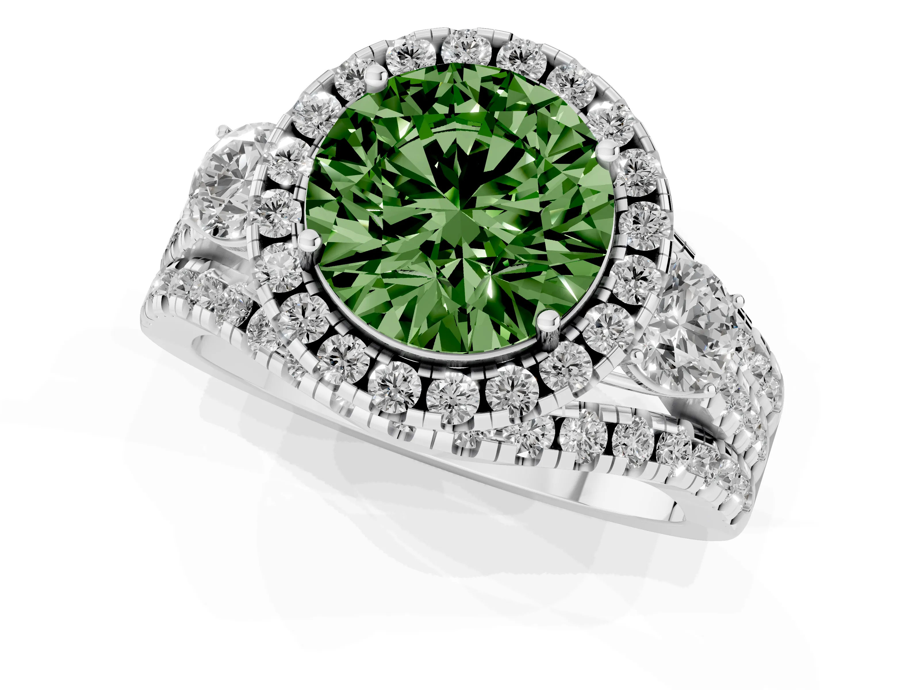 Fancy Green Round Cut Diamond Halo Split Shank Ring Set in Silver with Round Accent Stones and Prong Setting