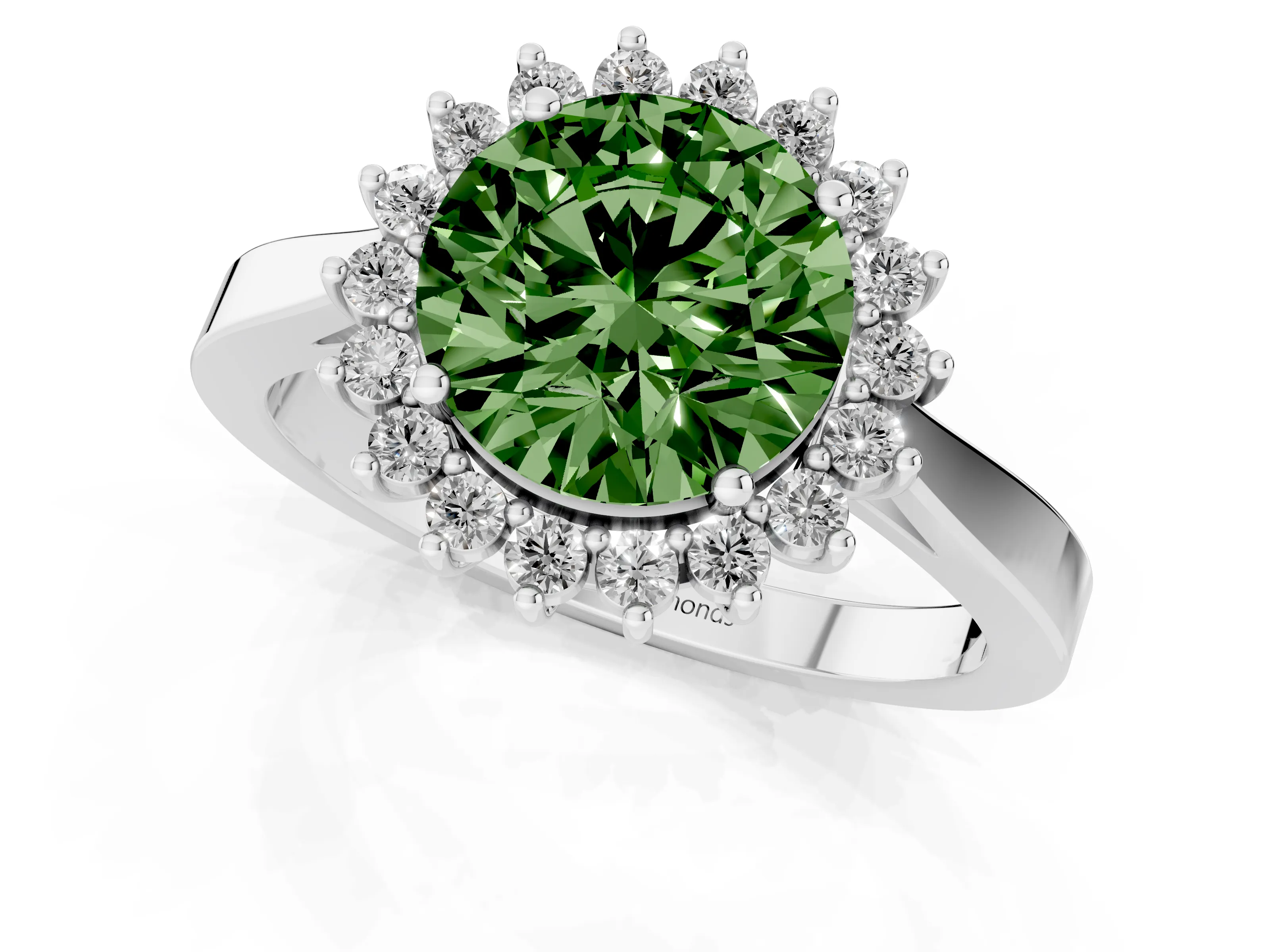 Fancy Green Round Cut Diamond Halo Ring Set in White gold with Round Halo and Smooth Solitaire Band