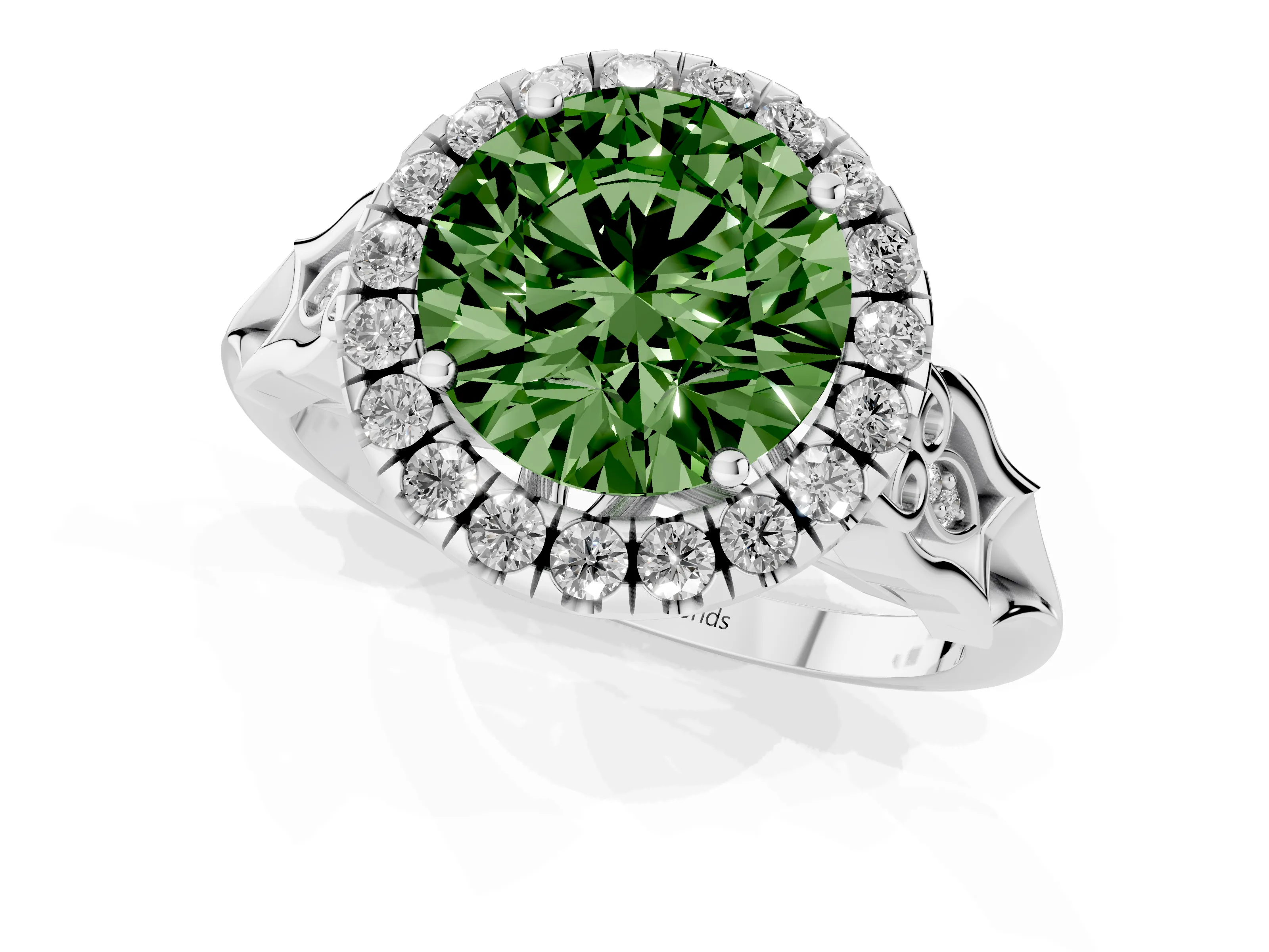 Fancy Green Round Cut Diamond Halo Engagement Ring Set in Platinum with Filigree Band and Prong-Set Center – second view