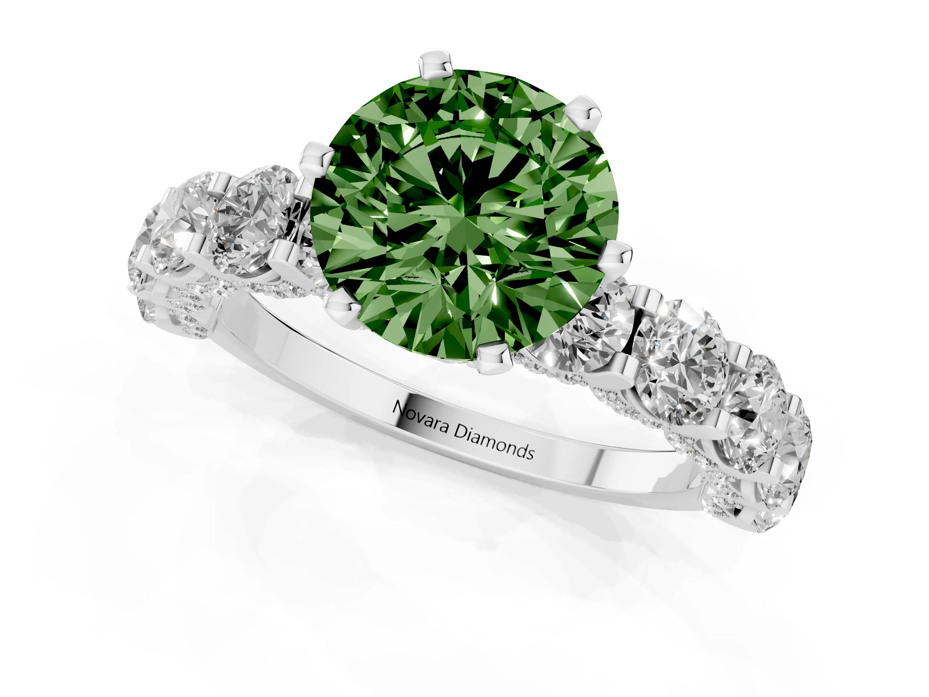 Fancy Green Round Cut Diamond Side Stone Ring Set in White gold with Alternating Round and Oval Side Stones – second view