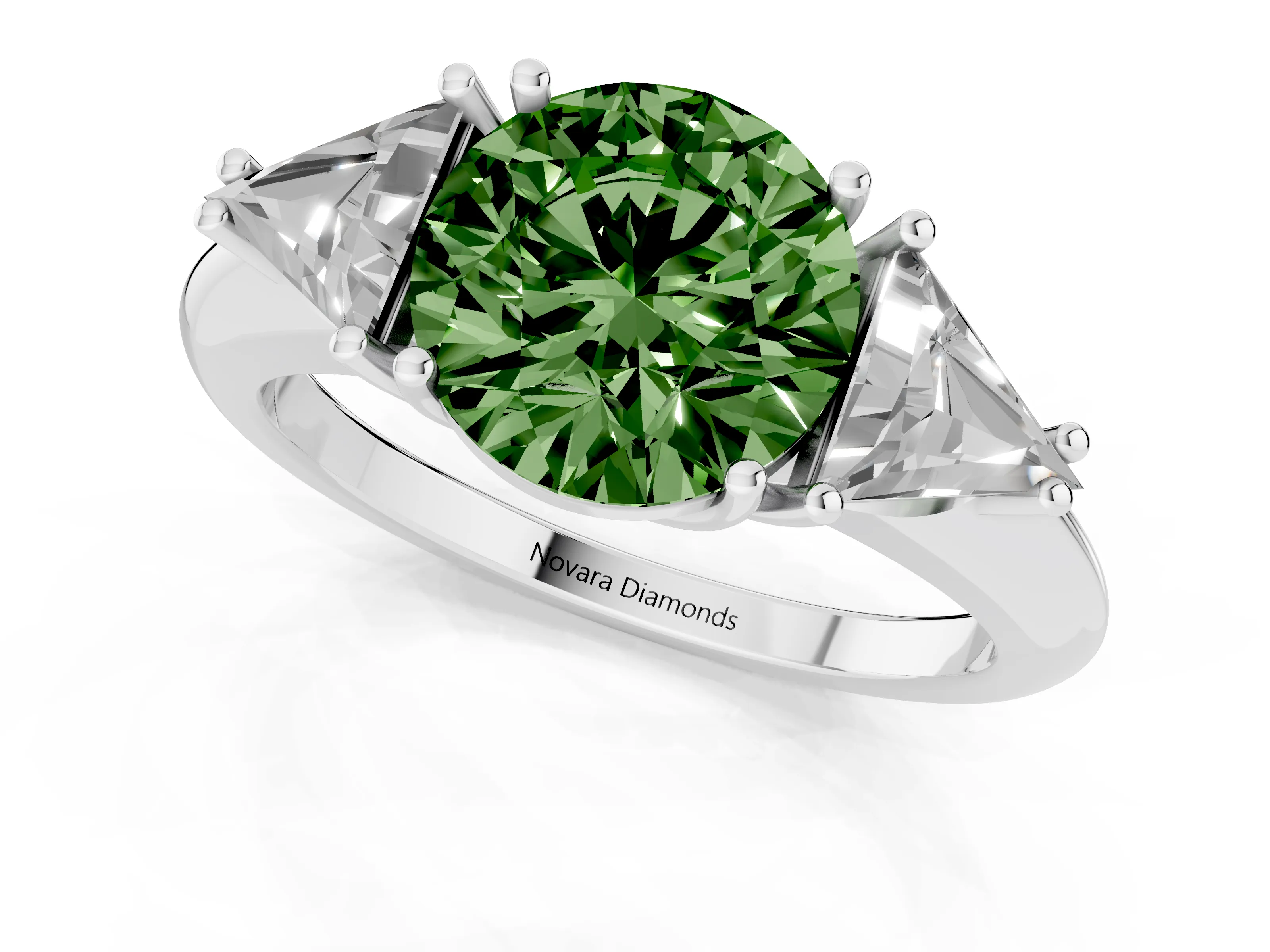 Fancy Green Round Cut Diamond Three-Stone Engagement Ring Set in Silver with Trillion Side Stones