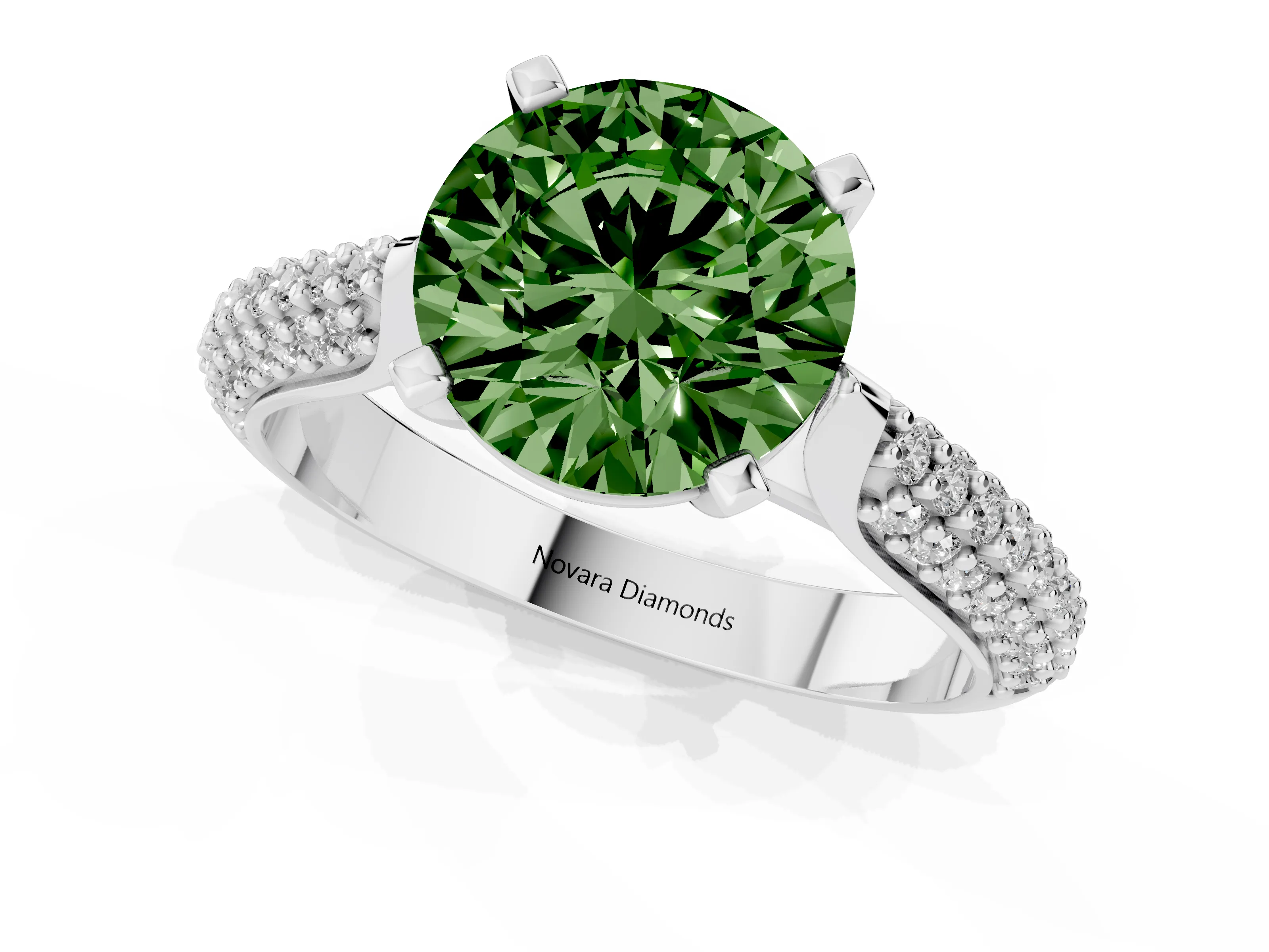 Fancy Green Round Cut Diamond Solitaire Engagement Ring Set in Platinum with Multi-Row Round Pavé Band and Prong Setting