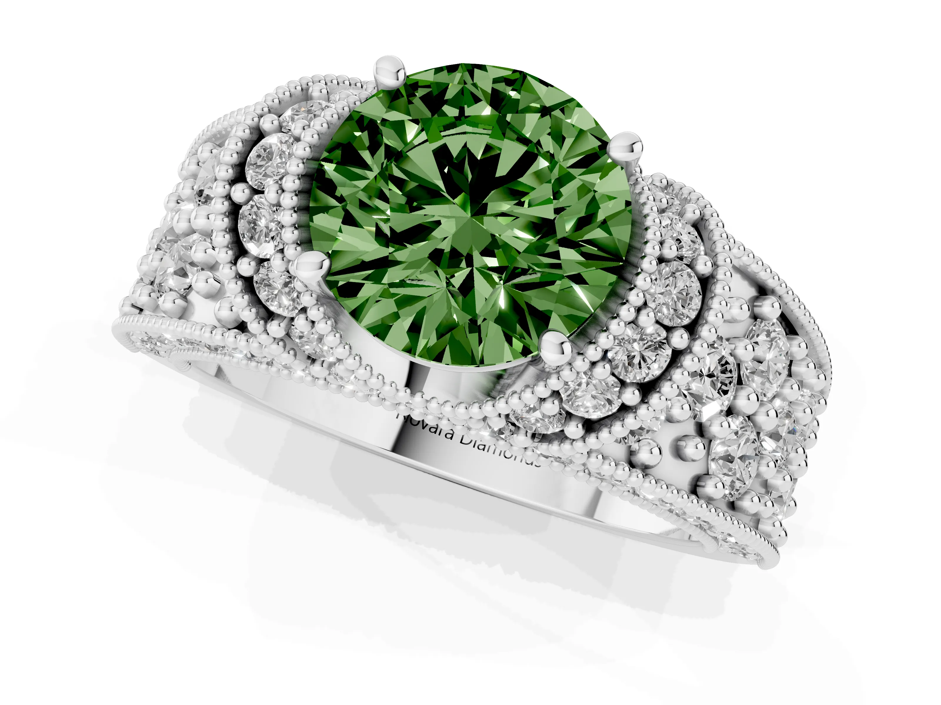 Fancy Green Round Cut Diamond Milgrain Halo Pavé Engagement Ring Set in Silver with Prong Setting