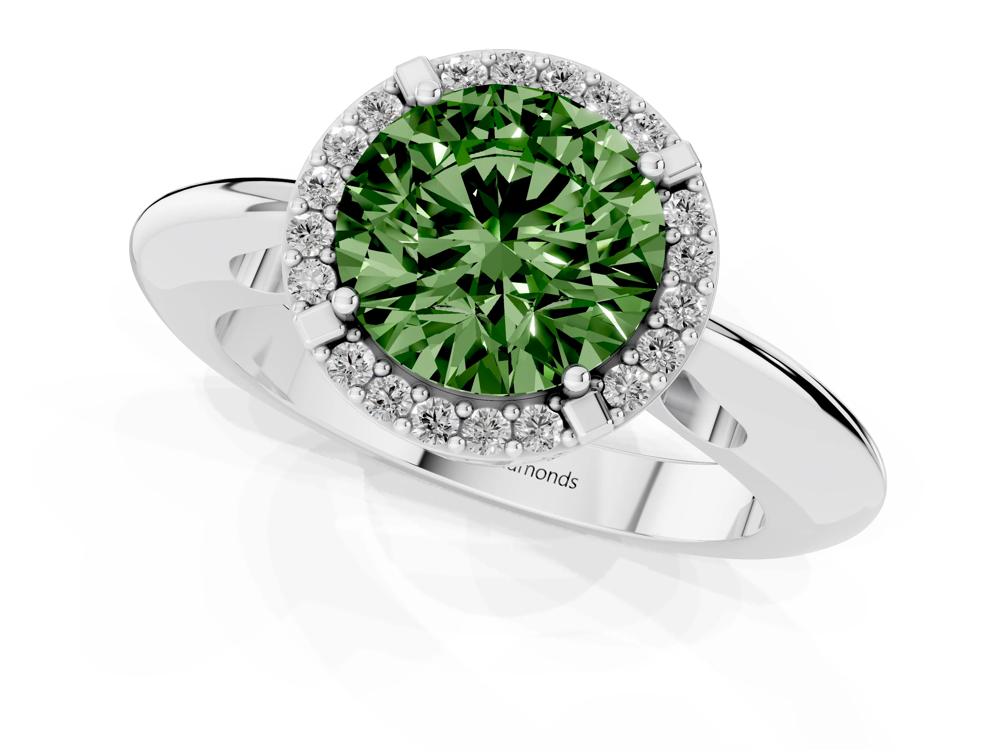 Fancy Green Round Cut Diamond Halo Engagement Ring Set in Silver with Plain Split Shank and Prong Setting