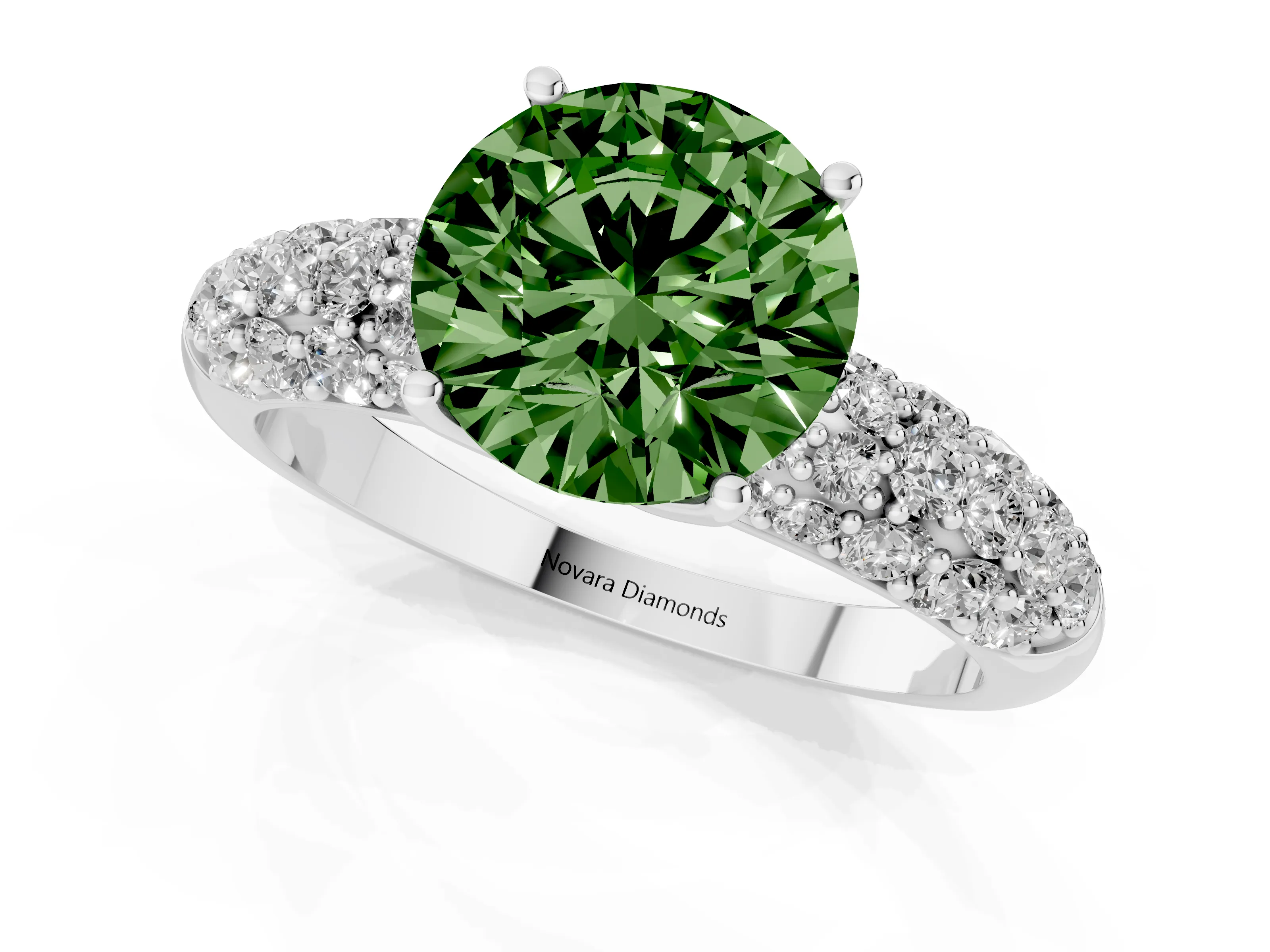 Fancy Green Round Cut Diamond Pavé Band Solitaire Ring Set in White gold with Close-Set Accent Stones and Prong Setting