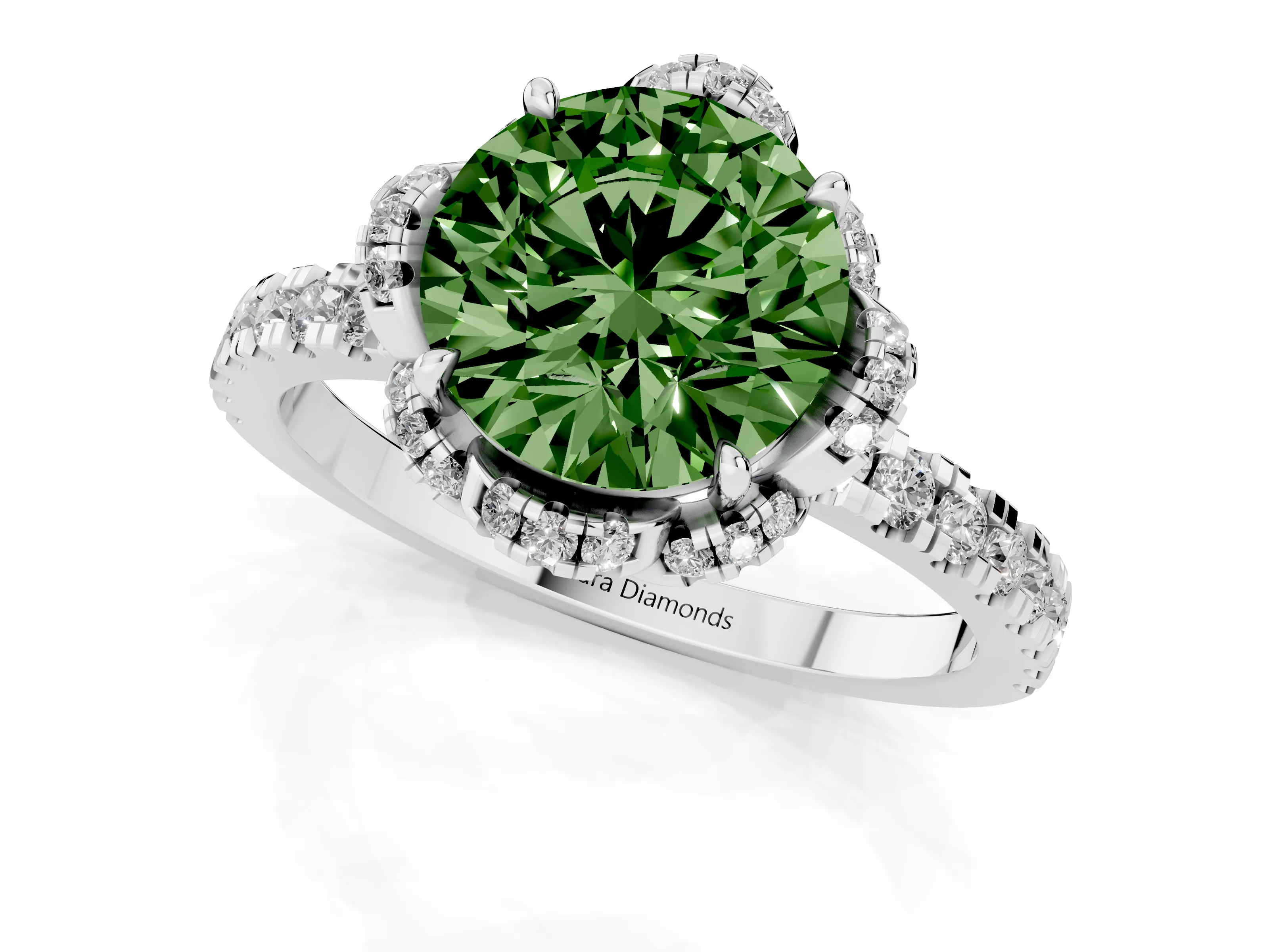Fancy Green Round Cut Diamond Halo Pavé Band Ring Set in White gold with Prong-Held Center