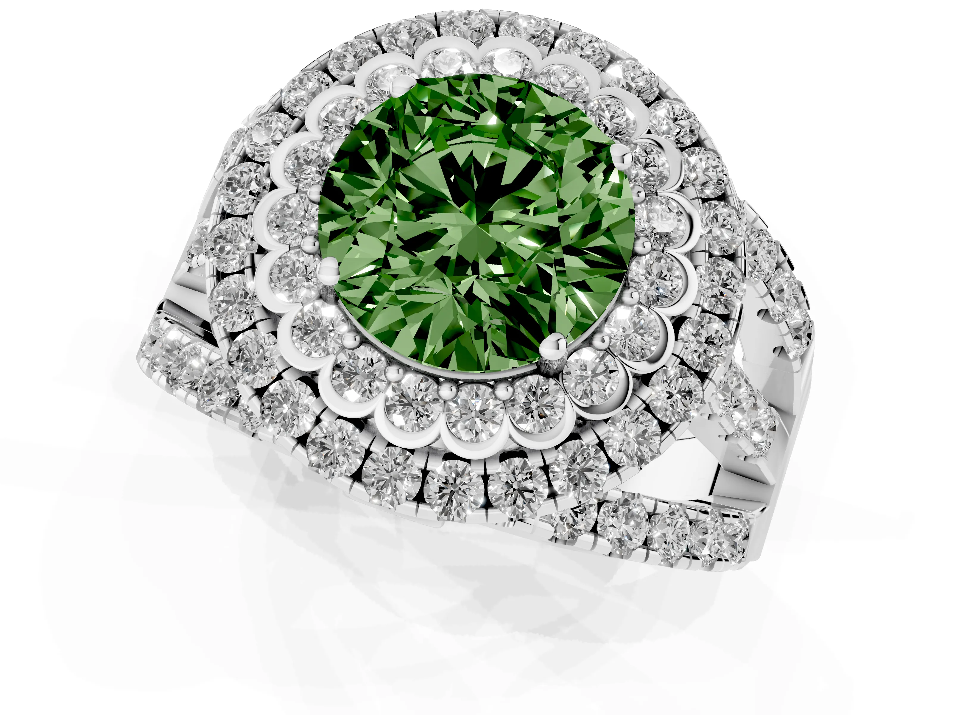 Fancy Green Round Cut Diamond Double Halo Ring Set in Silver with Round Pavé Split Shank
