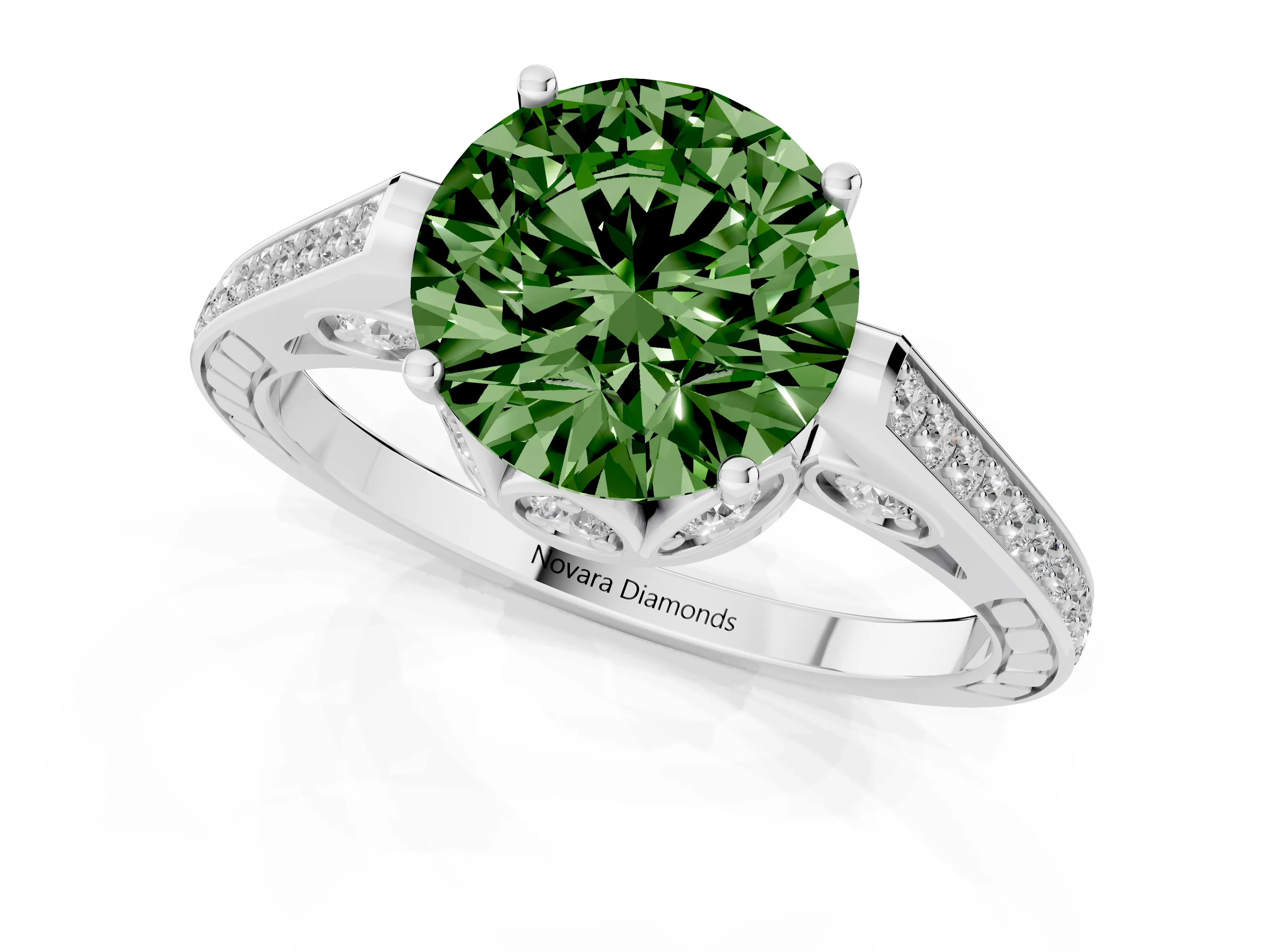 Fancy Green Round Cut Diamond Cathedral Pavé Engagement Ring Set in Silver with Prong Setting