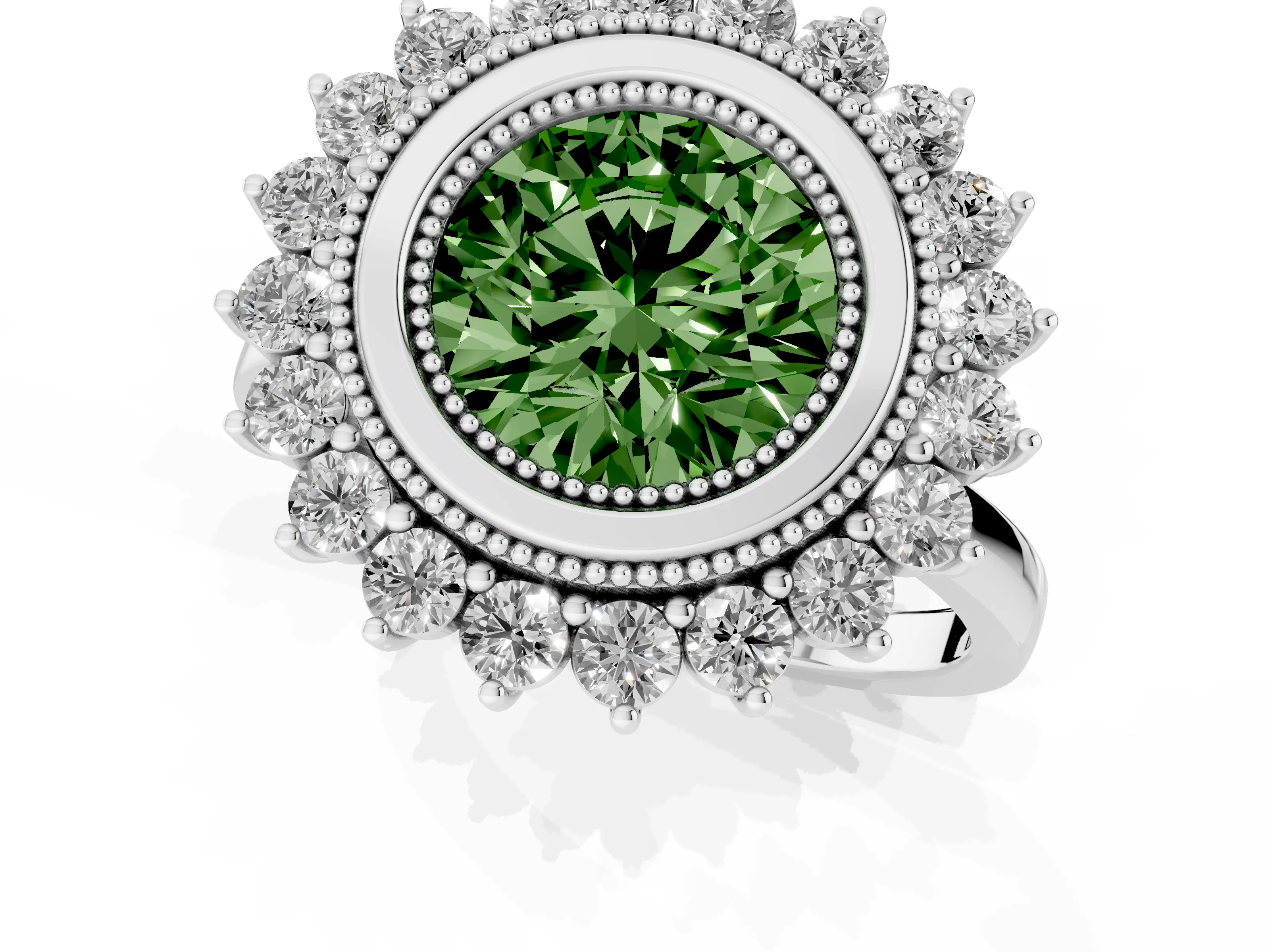 Fancy Green Round Cut Diamond Halo Ring Set in Silver with Milgrain Edge and Round Prong Setting