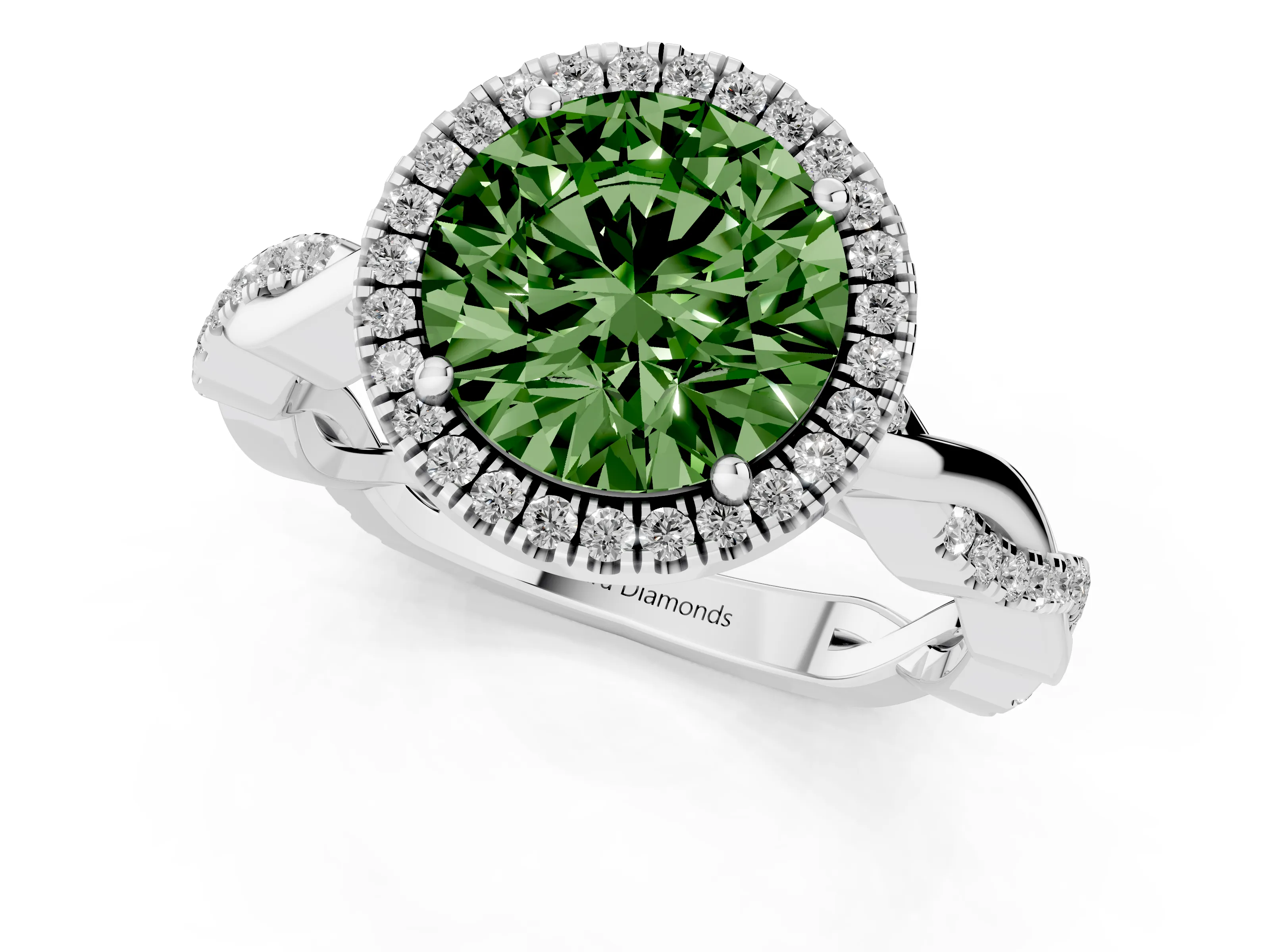 Fancy Green Round Cut Diamond Halo Twisted Band Ring Set in White gold with Prong Setting