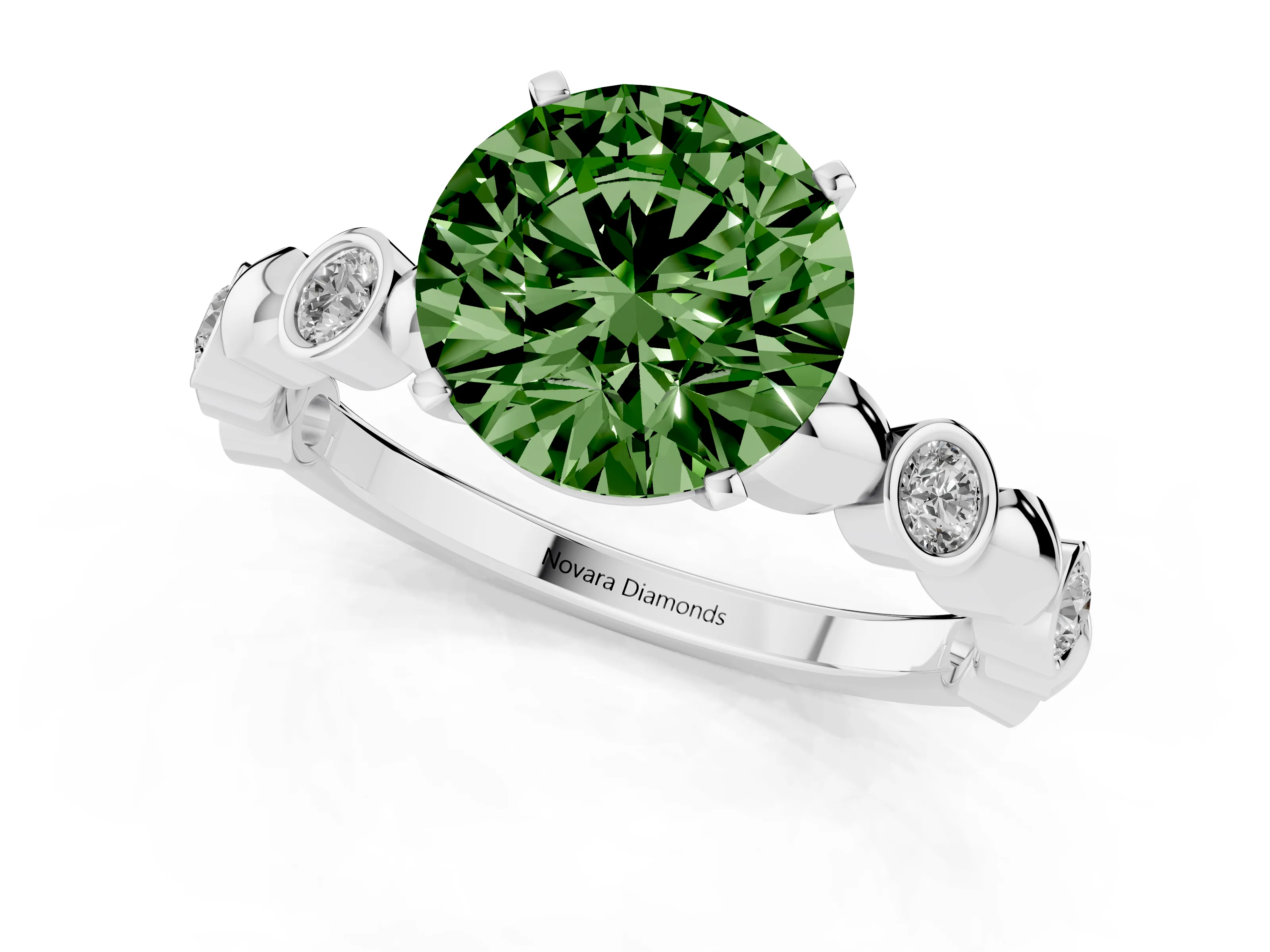 Fancy Green Round Cut Diamond Solitaire Ring Set in Silver with Bezel-Set Accents on Beaded Band and Prong Setting