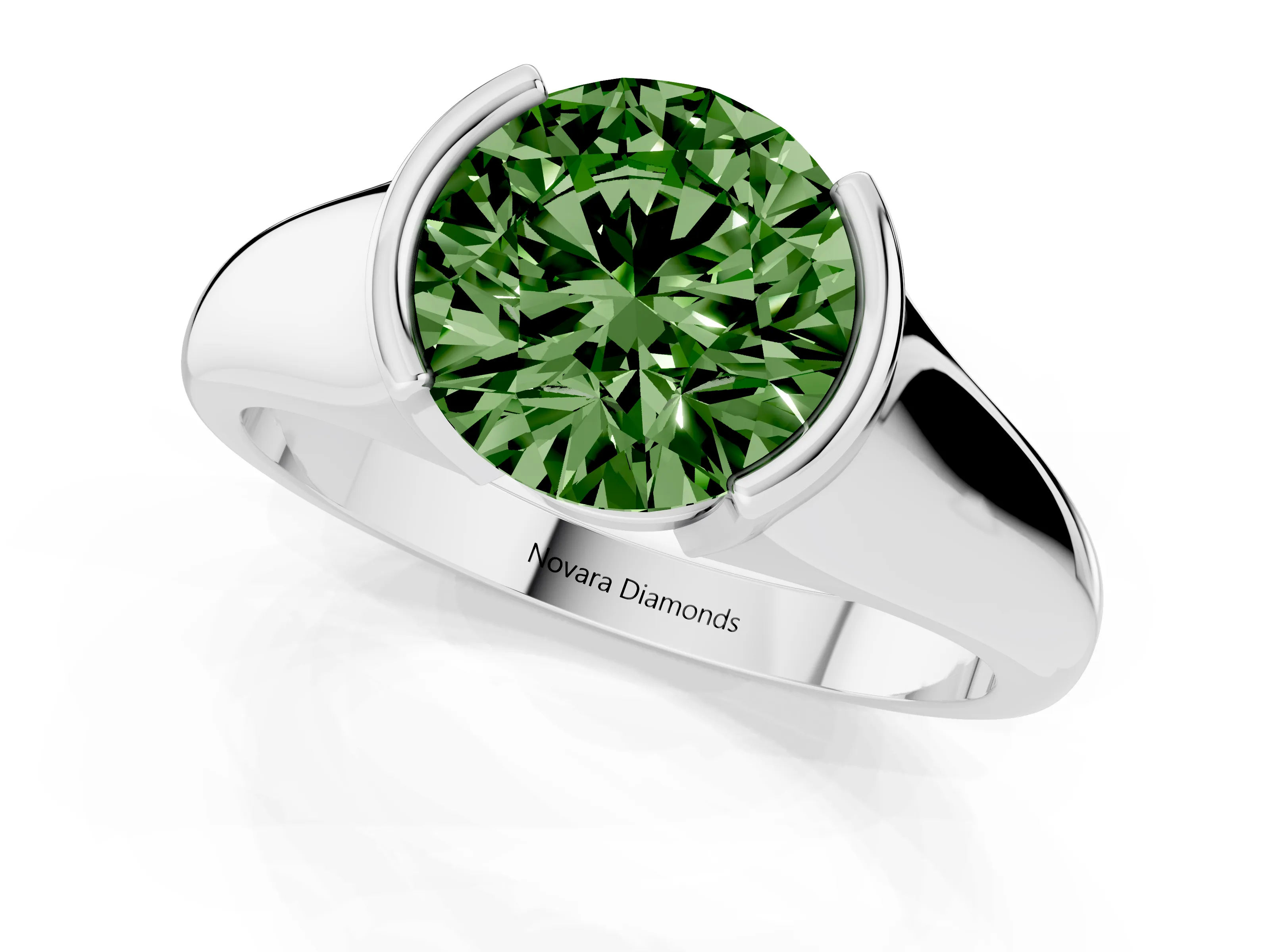 Fancy Green Round Cut Diamond Solitaire Tension Set Ring Set in Silver with Split Shank Band