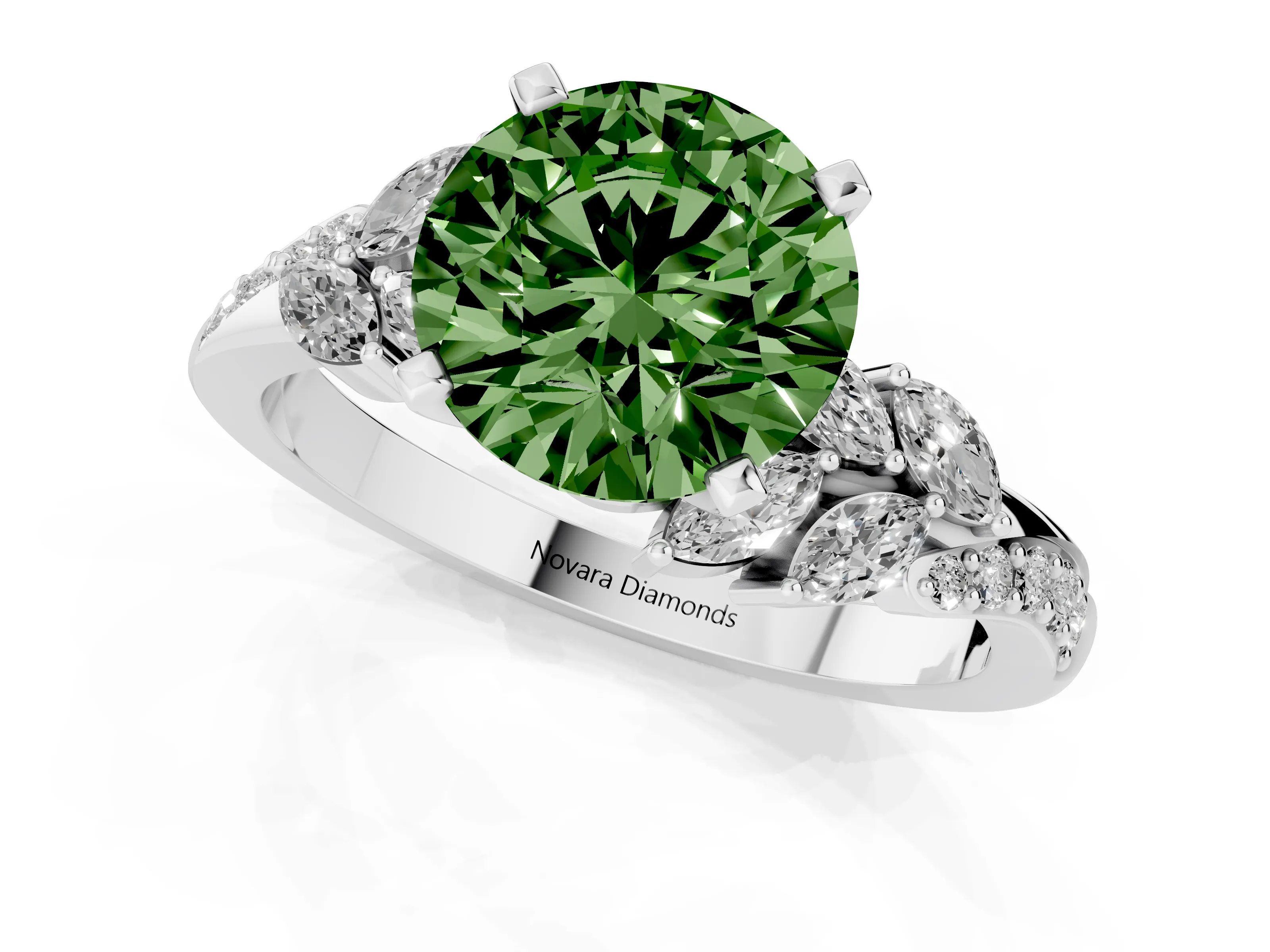 Fancy Green Round Cut Diamond Solitaire Ring Set in Silver with Marquise Twist Band and Prong Setting