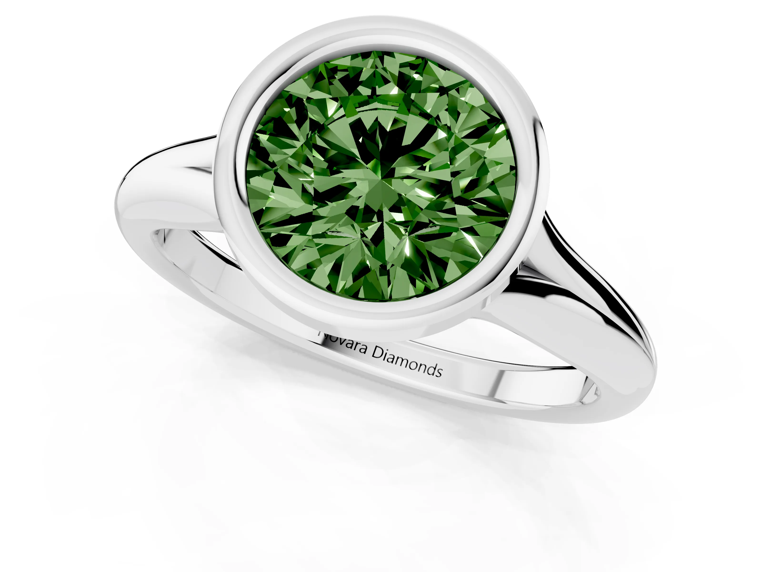 Fancy Green Bezel Set Round Cut Diamond Solitaire Ring Set in White gold with Smooth Band