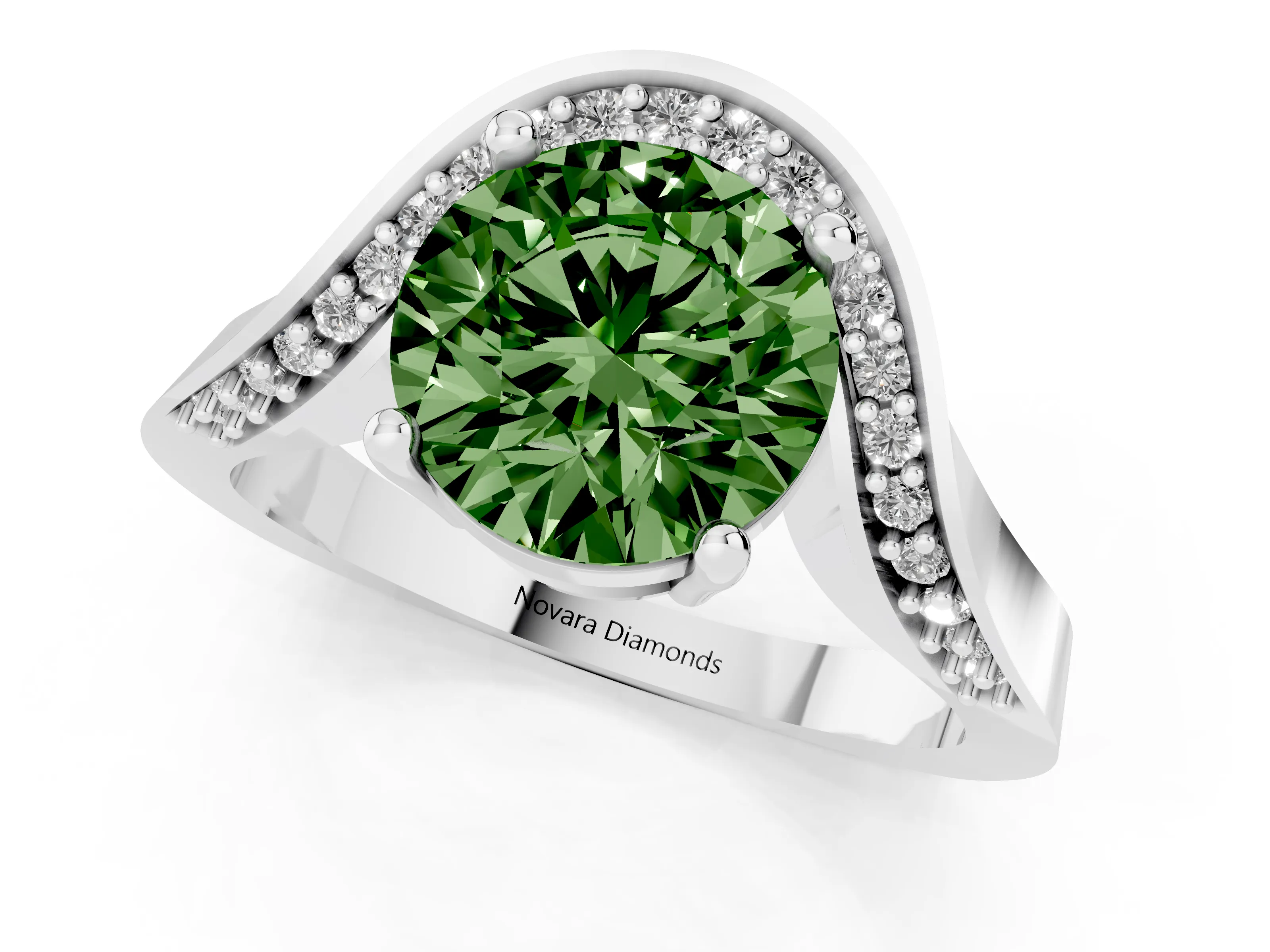 Fancy Green Round Cut Diamond Solitaire Engagement Ring Set in Platinum with Pavé Shoulders