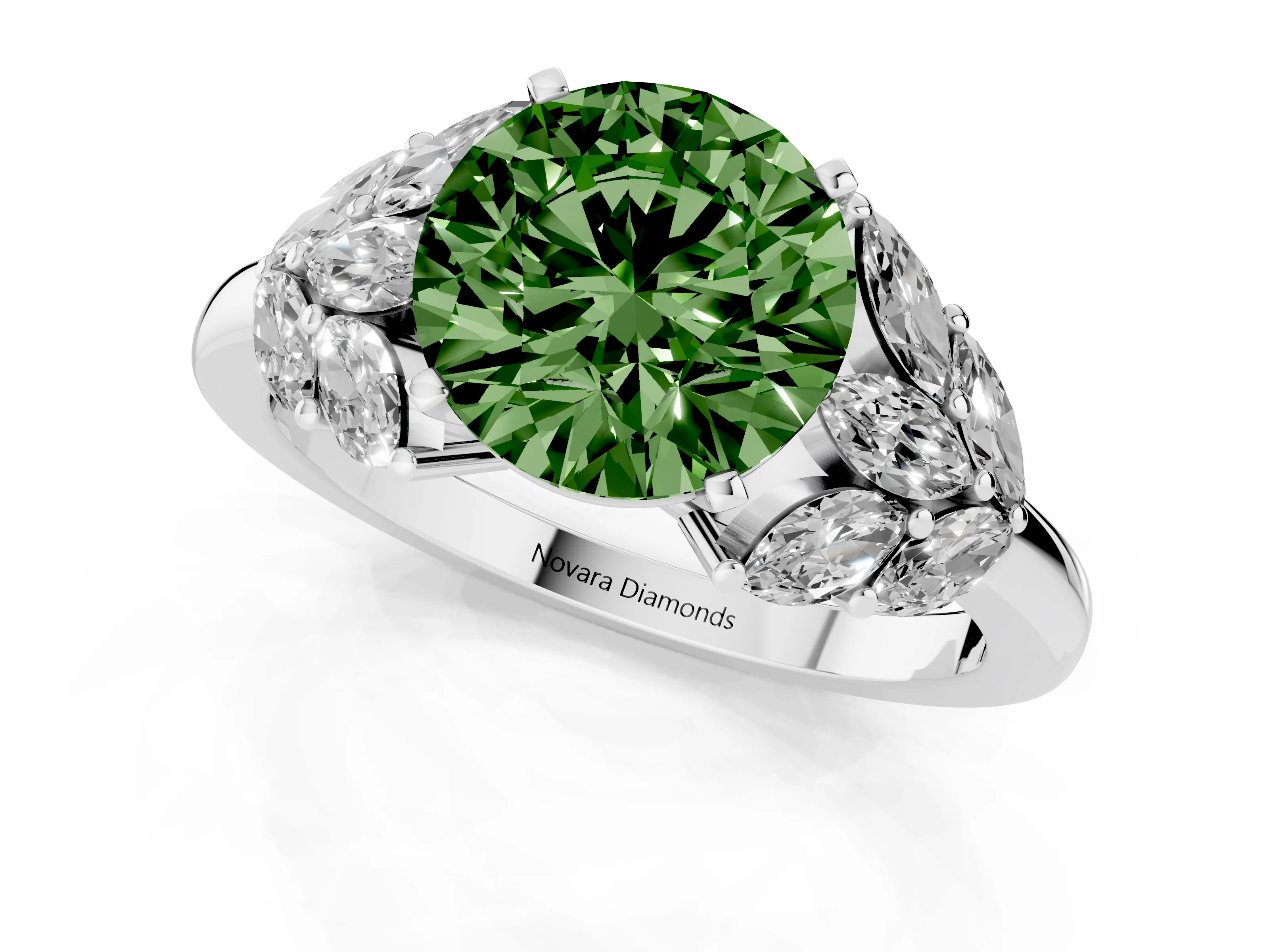 Fancy Green Round Cut Diamond Cluster Leaf Design Ring Set in Silver with Prong Setting