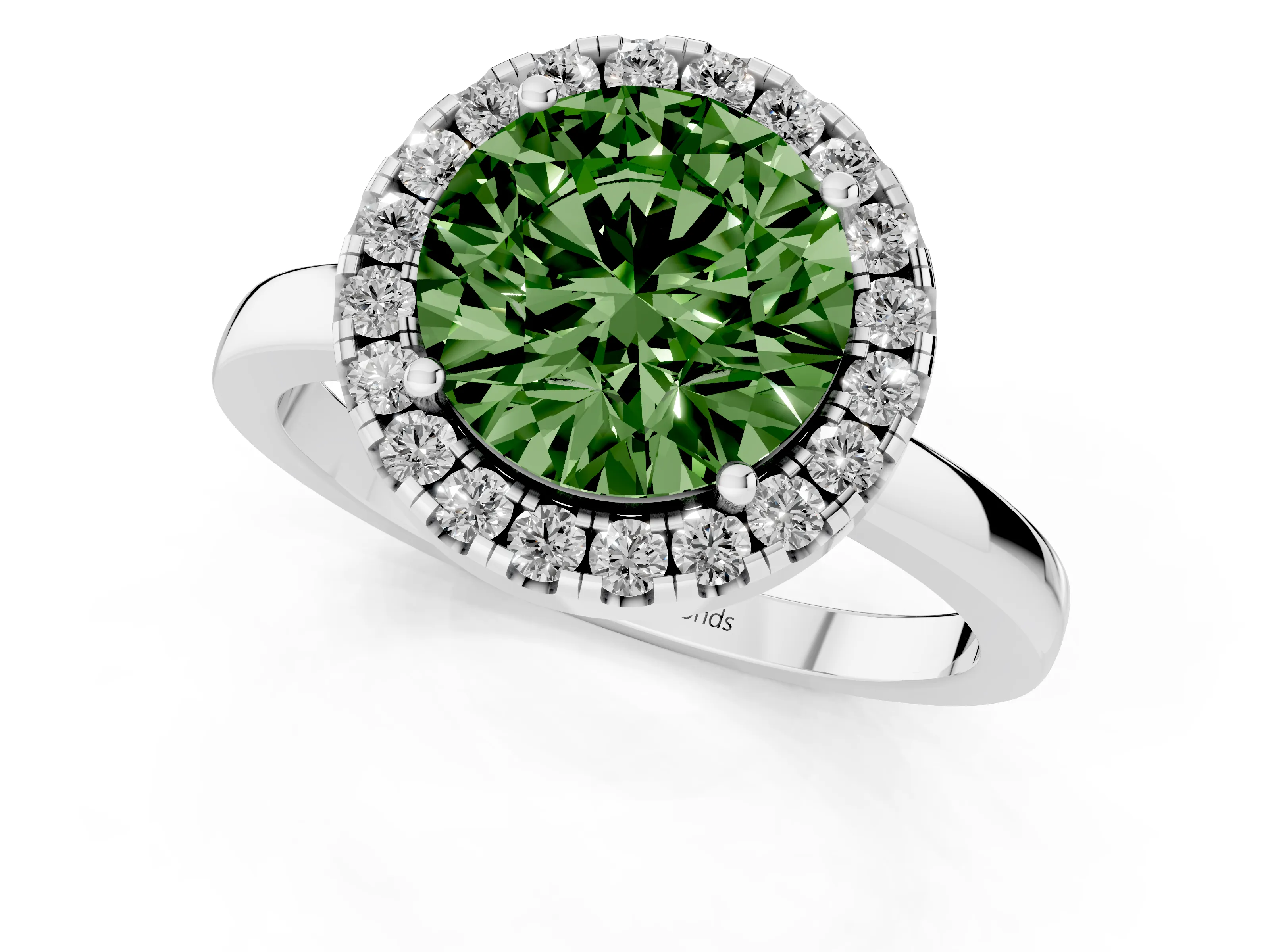 Fancy Green Round Cut Diamond Halo Solitaire Ring Set in Platinum with Pavé Band and Prong Setting