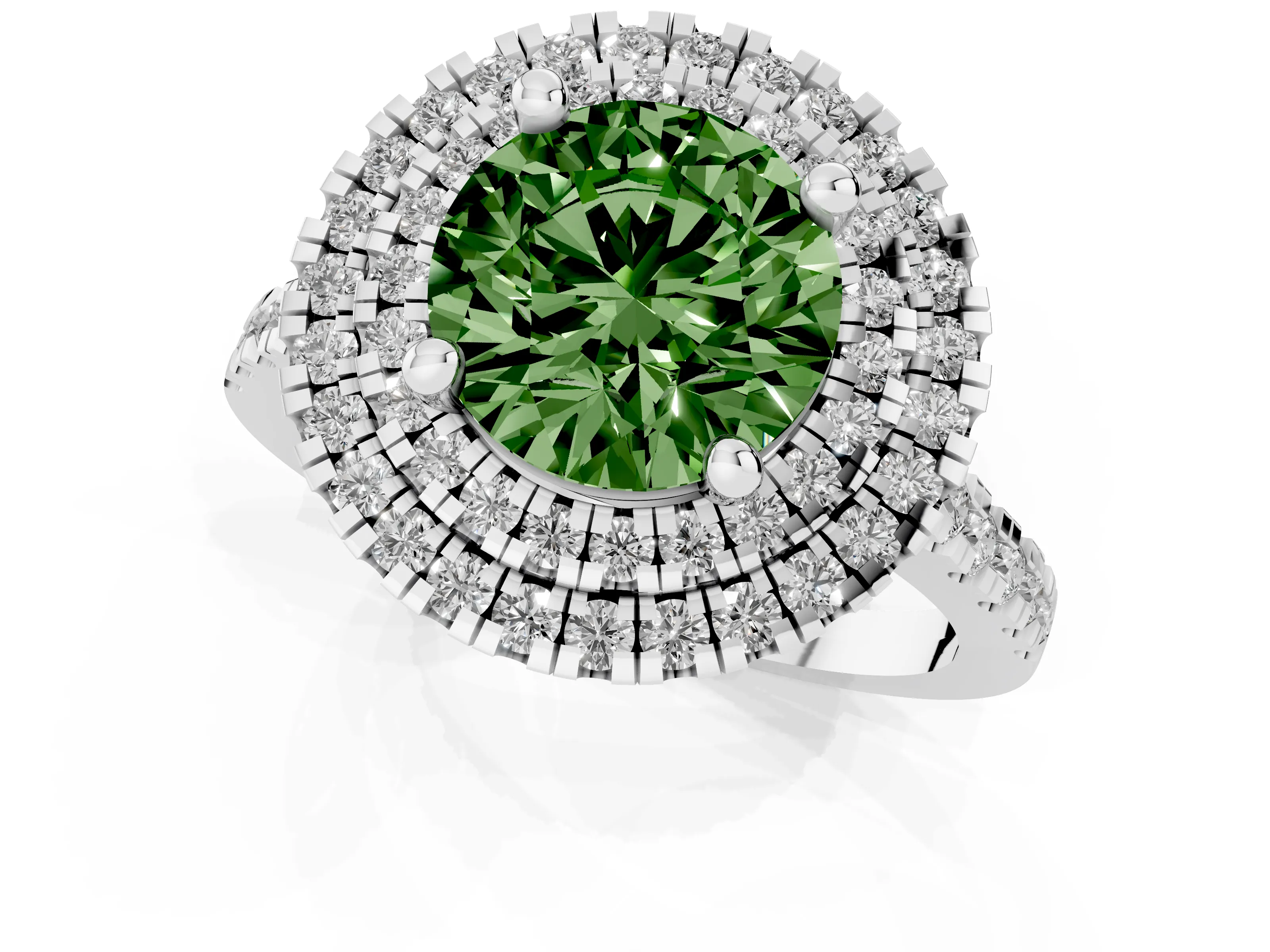 Fancy Green Round Cut Diamond Double Halo Statement Ring Set in Silver with Pavé Band