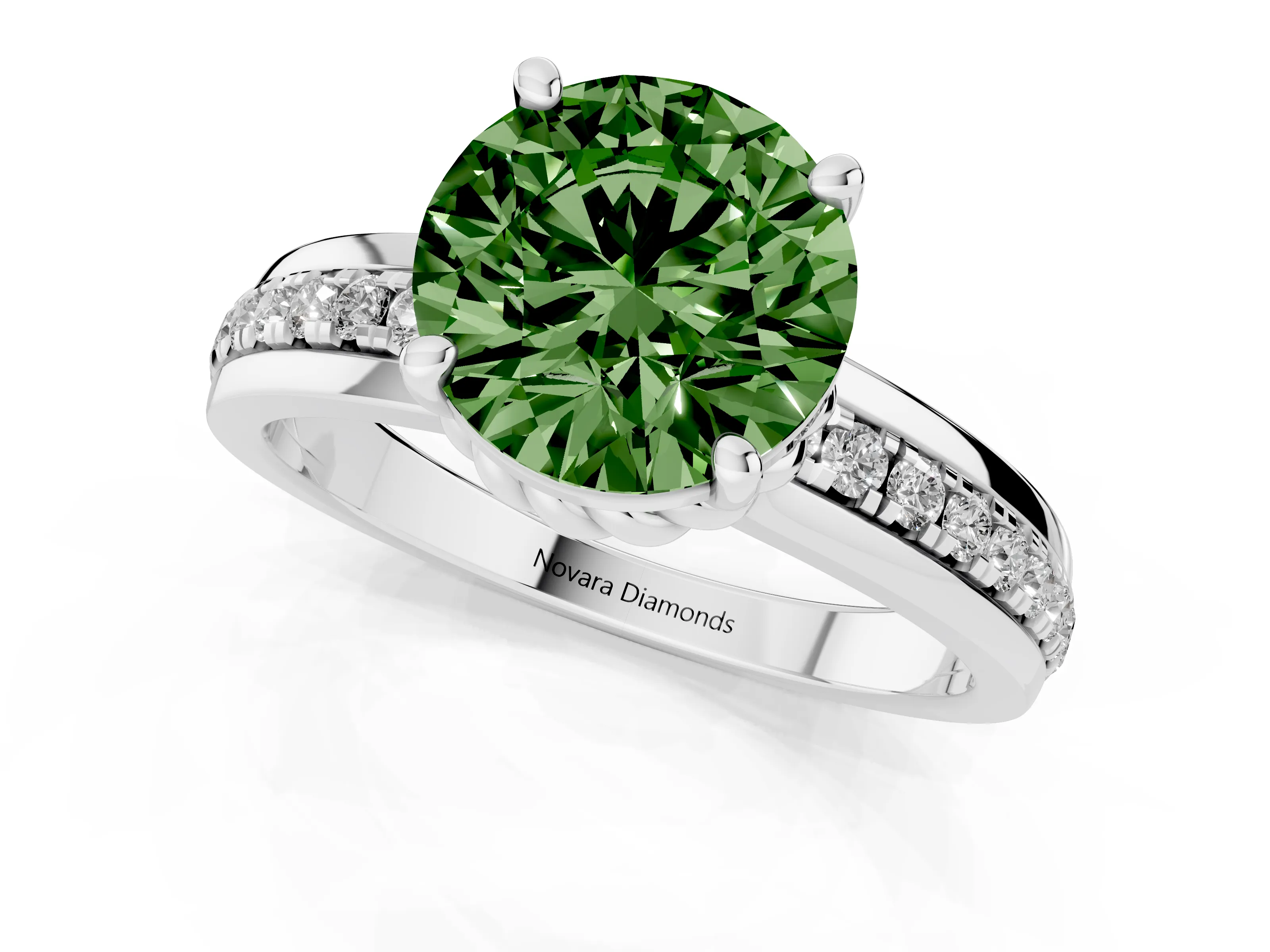 Fancy Green Round Cut Diamond Solitaire Ring Set in Silver with Channel Set Band and Prong Setting
