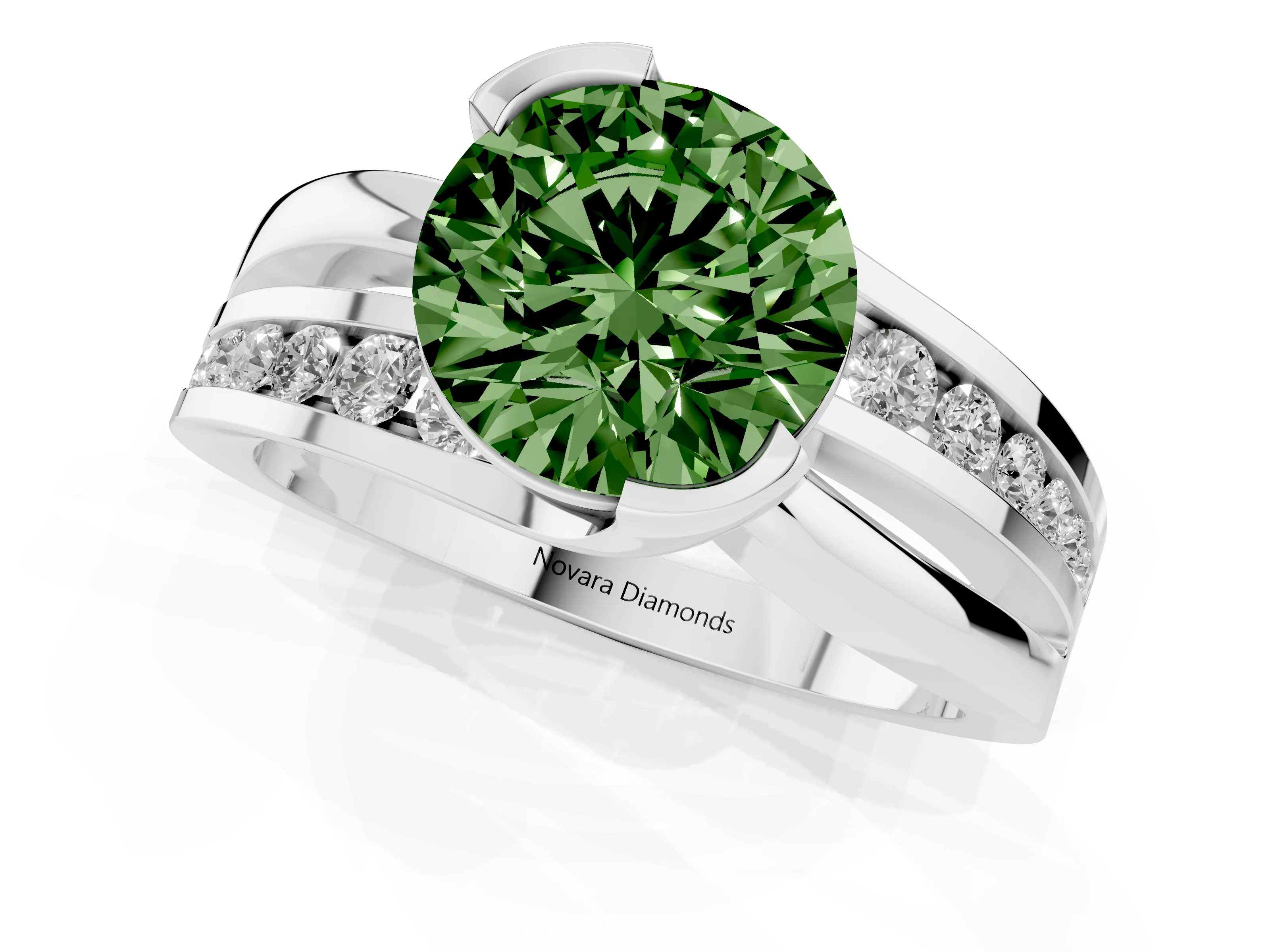 Fancy Green Round Cut Diamond Solitaire Ring Set in Silver with Channel Set Split Shank and Tension Prongs