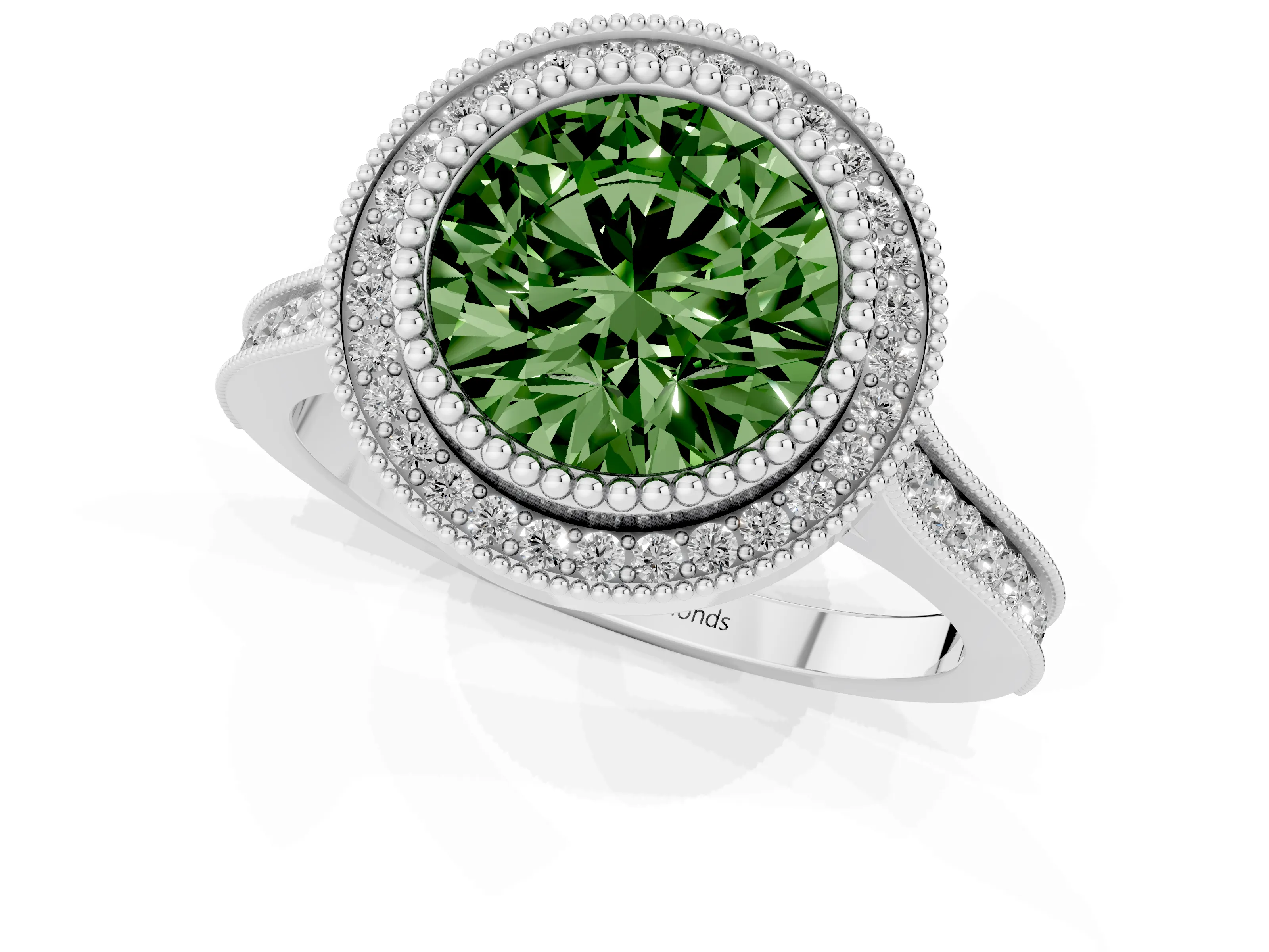 Fancy Green Round Cut Diamond Halo Ring Set in White gold with Milgrain Frame and Pavé Band