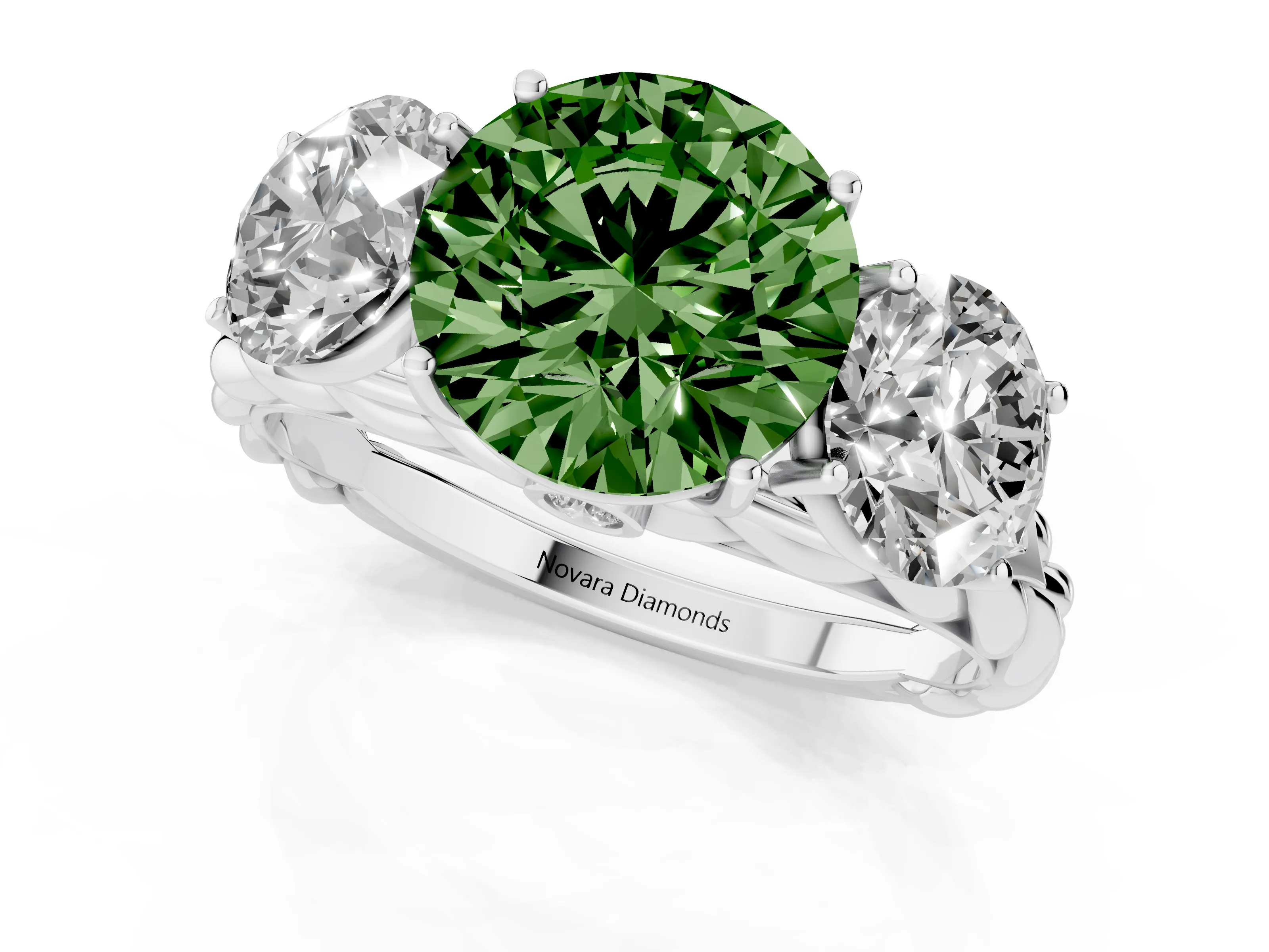 Fancy Green Round Cut Diamond Three-Stone Ring Set in Silver with Braided Band