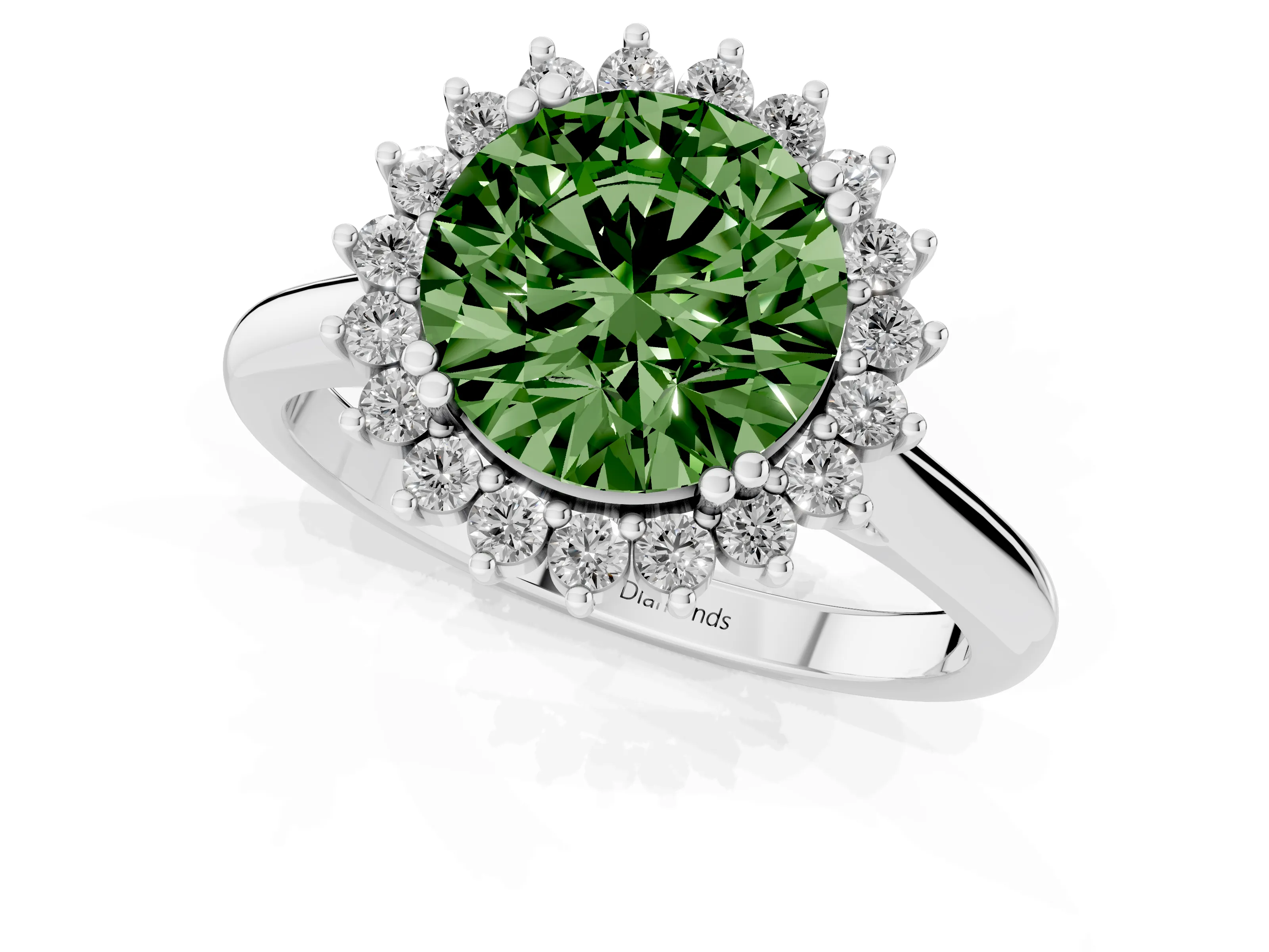 Fancy Green Round Cut Diamond Halo Ring Set in Platinum with Plain Solitaire Band and Prong Setting