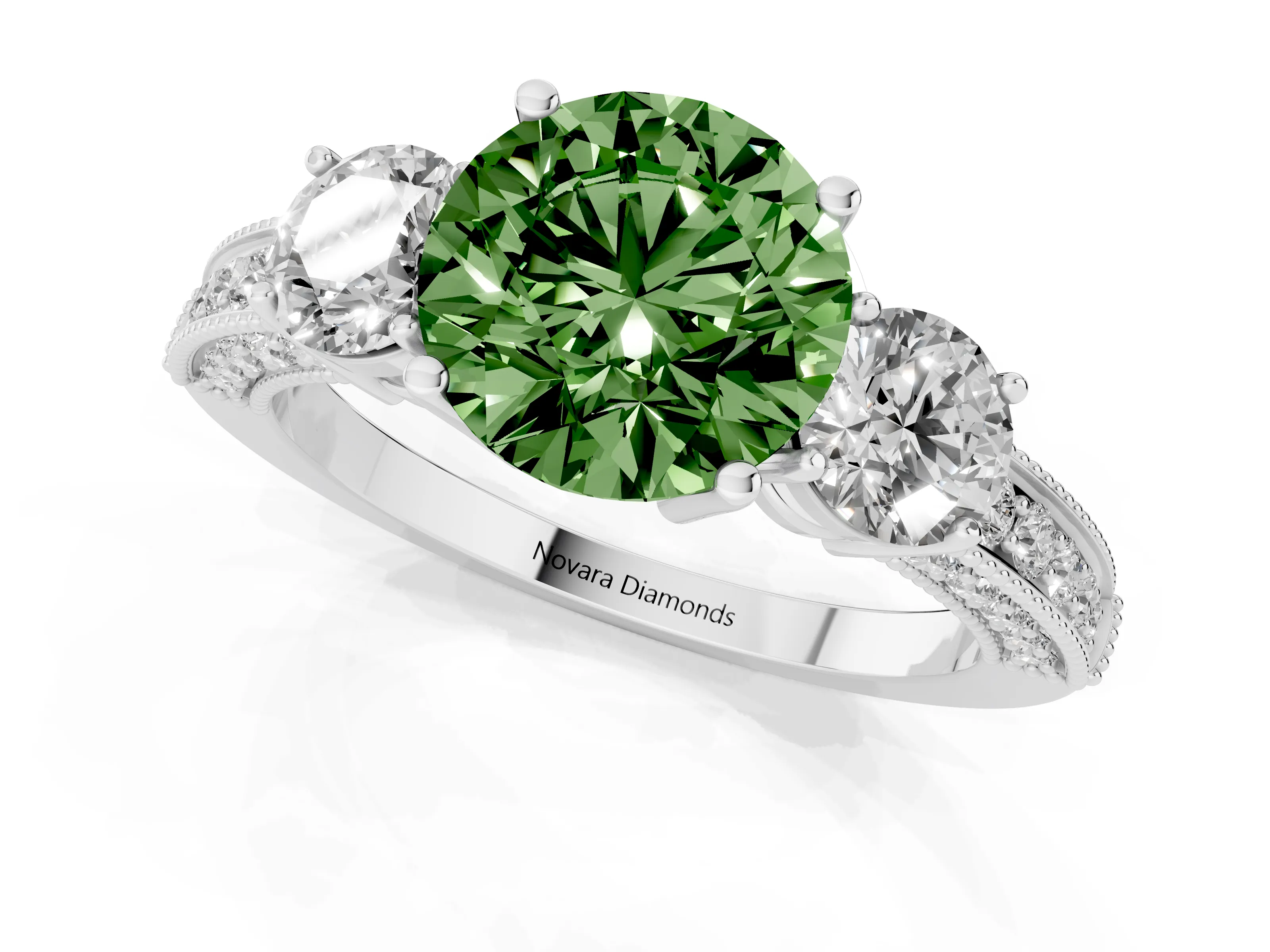 Fancy Green Round Cut Diamond Three-Stone Ring Set in White gold with Round Side Stones and Pavé Band