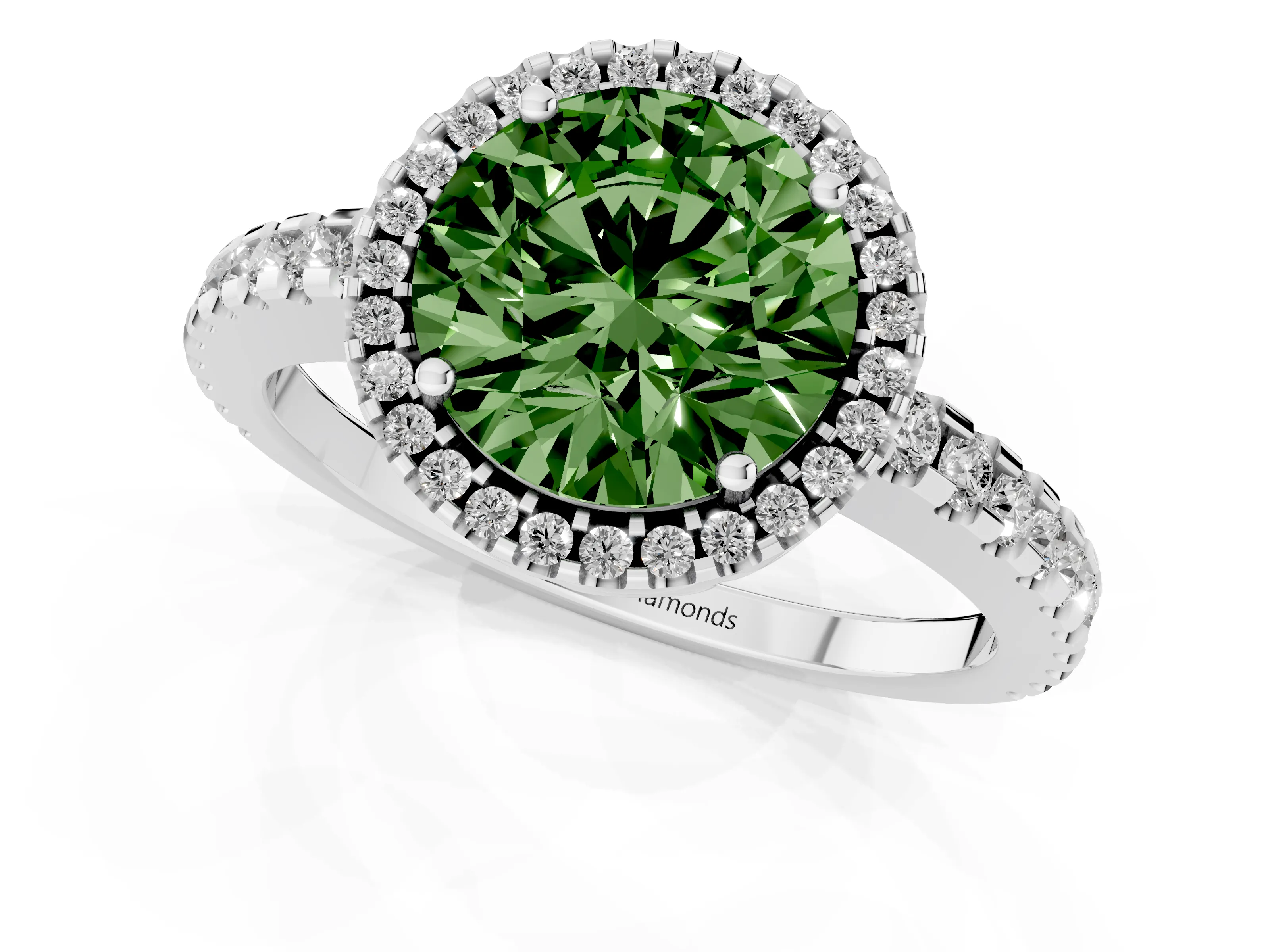 Fancy Green Round Cut Diamond Halo Ring Set in Platinum with Pavé Shoulders and Halo-Framed Center