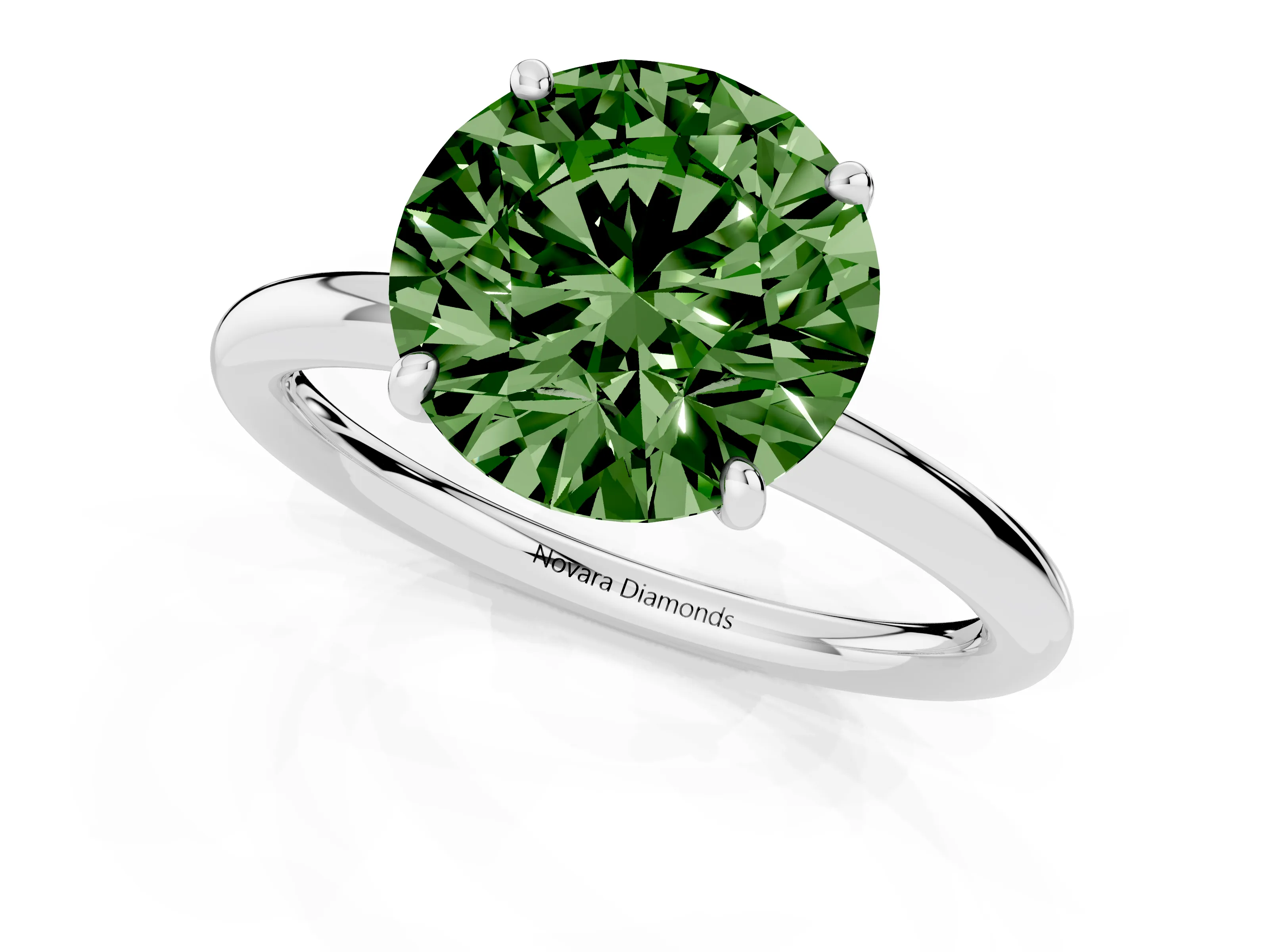 Fancy Green Round Cut Diamond Solitaire Ring Set in Platinum with Prong Setting on a Polished Plain Band