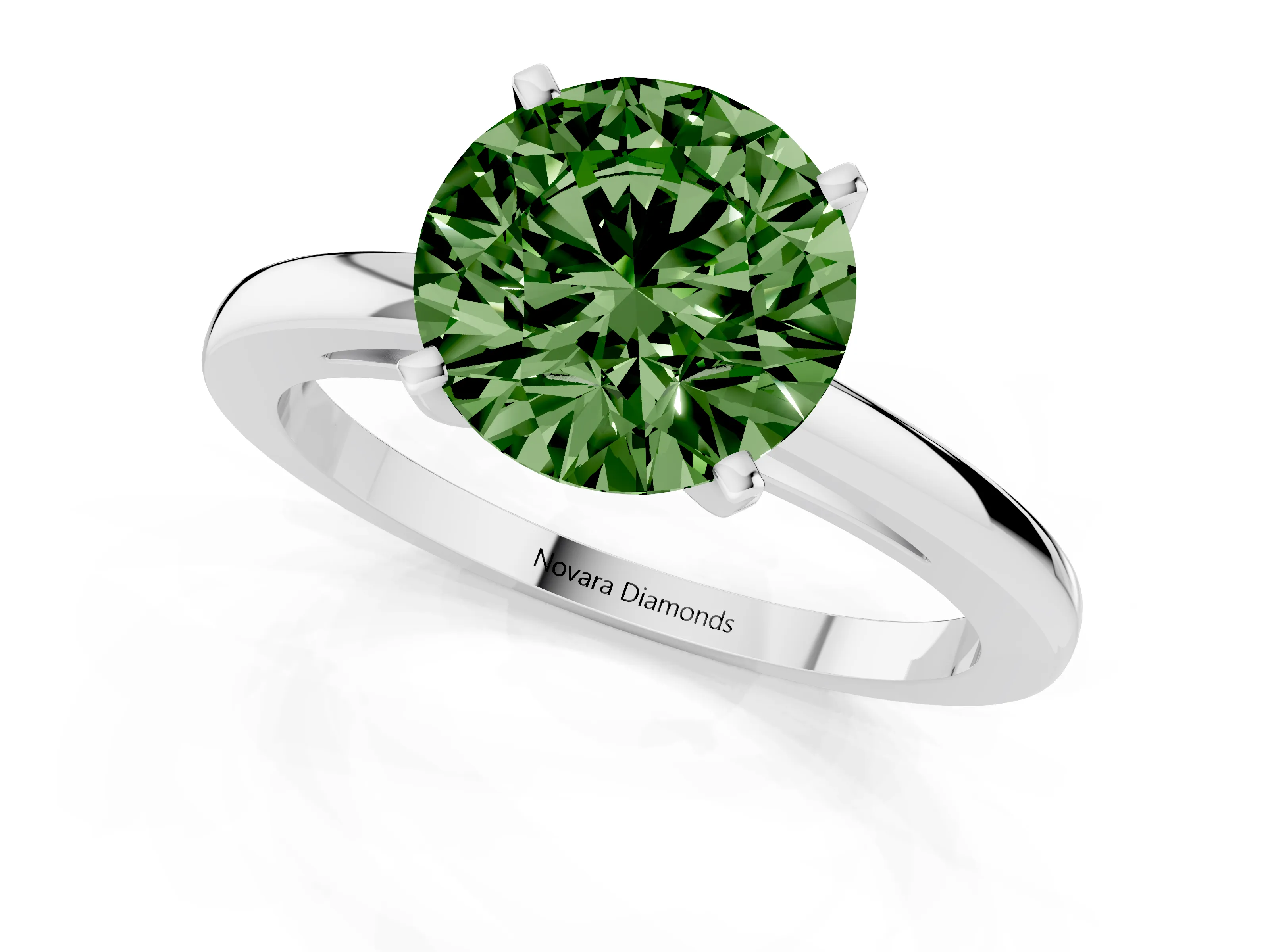 Fancy Green Round Cut Diamond Solitaire Engagement Ring Set in White gold with Prong Setting on a Classic Band