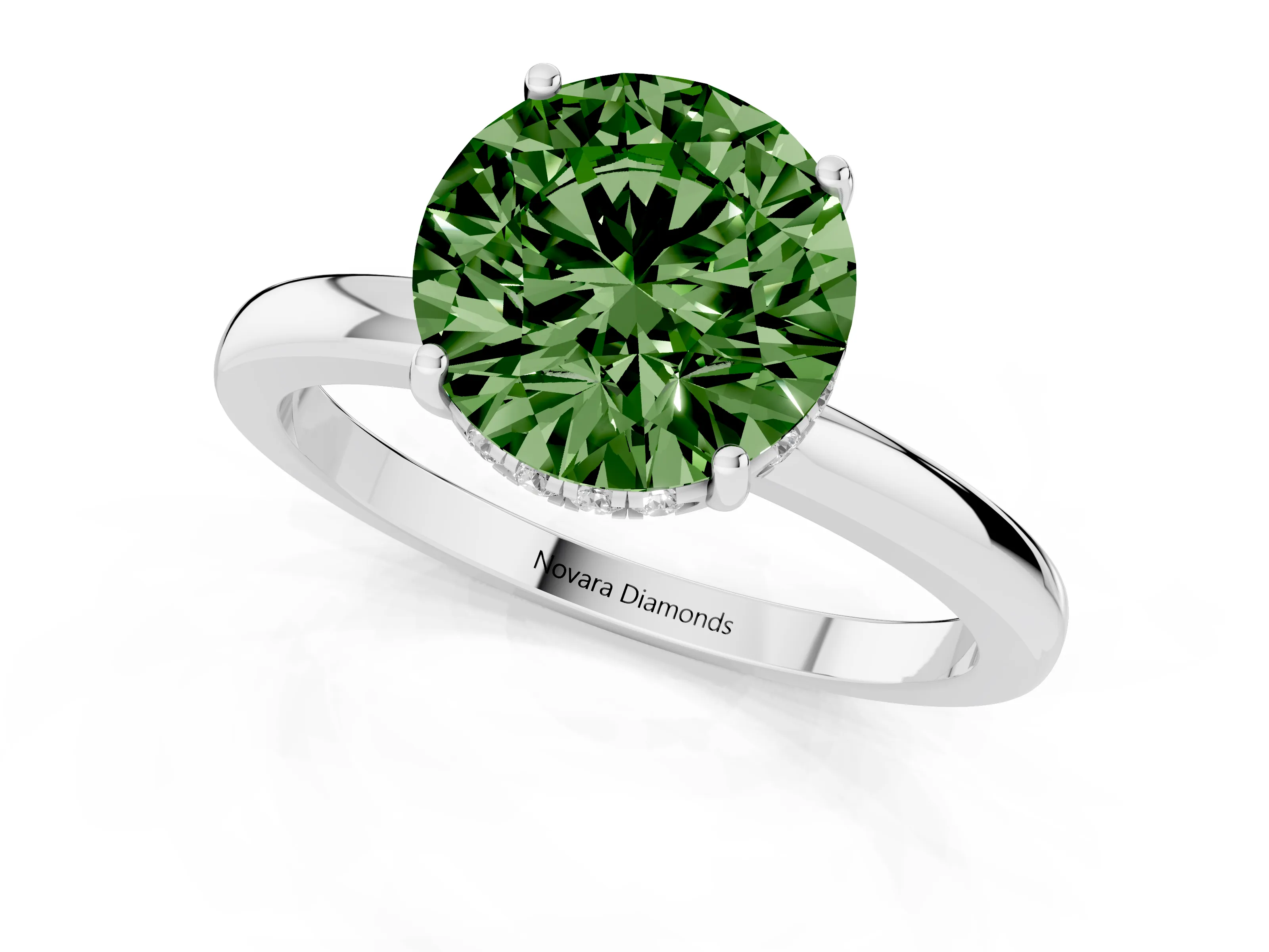 Fancy Green Round Cut Diamond Solitaire Ring Set in White gold with Plain Band and Prong Setting