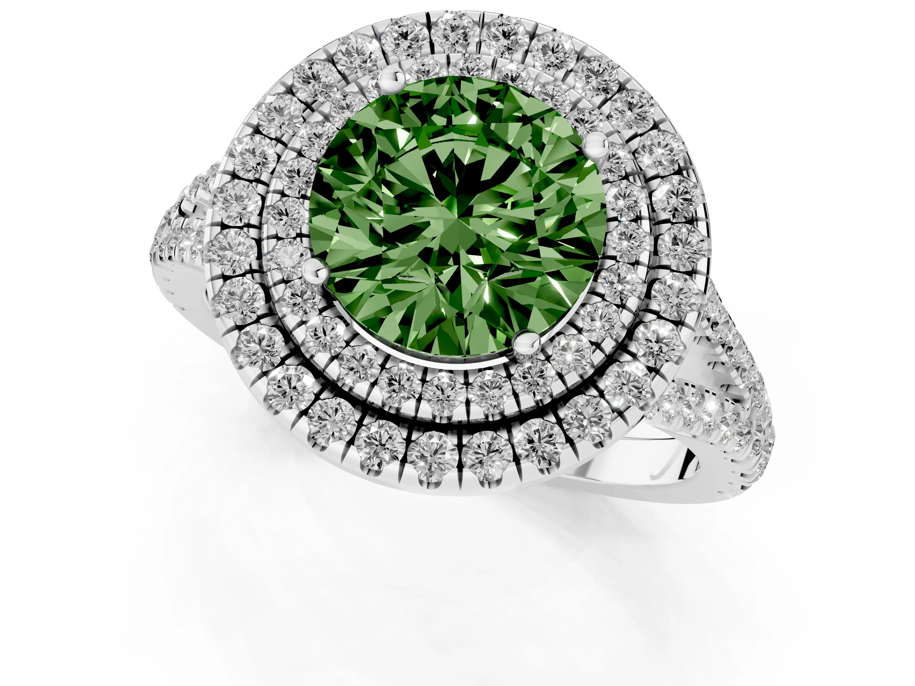 Fancy Green Round Cut Diamond Double Halo Ring Set in Platinum with Pavé Band