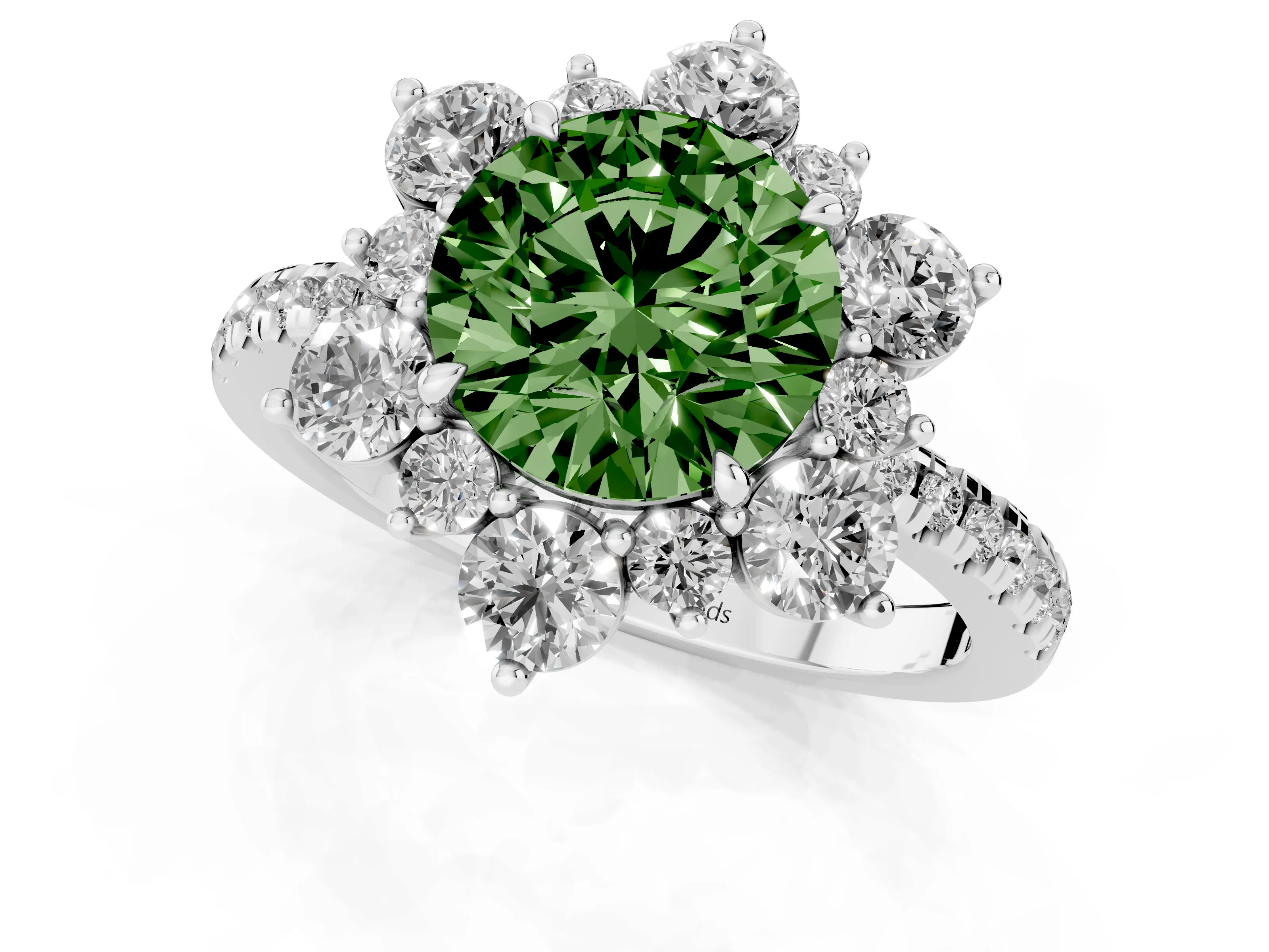 Fancy Green Round Cut Diamond Floral Halo Ring Set in Platinum with Round Pavé Band and Prong Setting