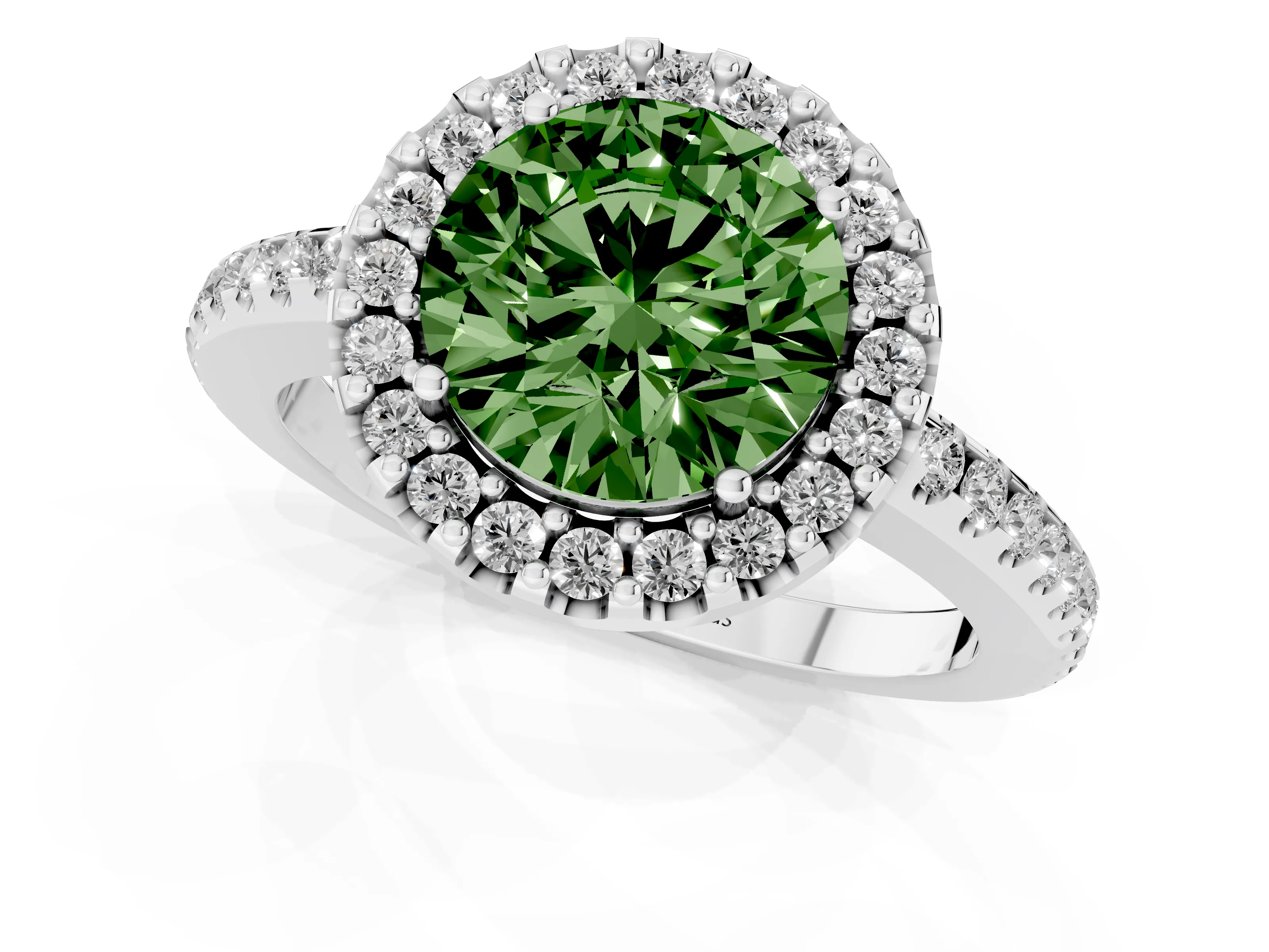 Fancy Green Round Cut Diamond Pavé Halo Ring Set in Silver with Prong Setting