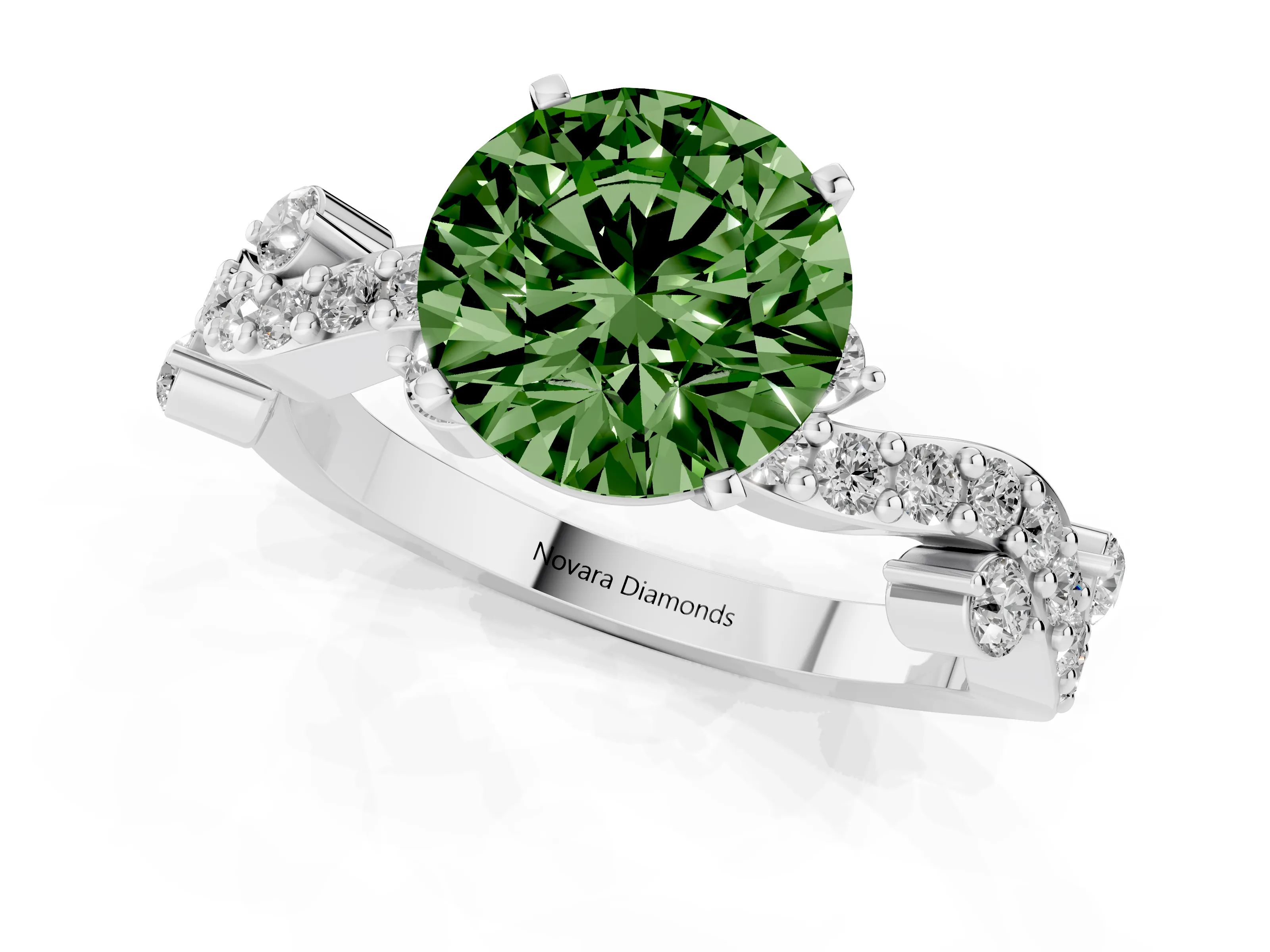 Fancy Green Round Cut Diamond Solitaire Twisted Band Set in Silver with Pavé Setting