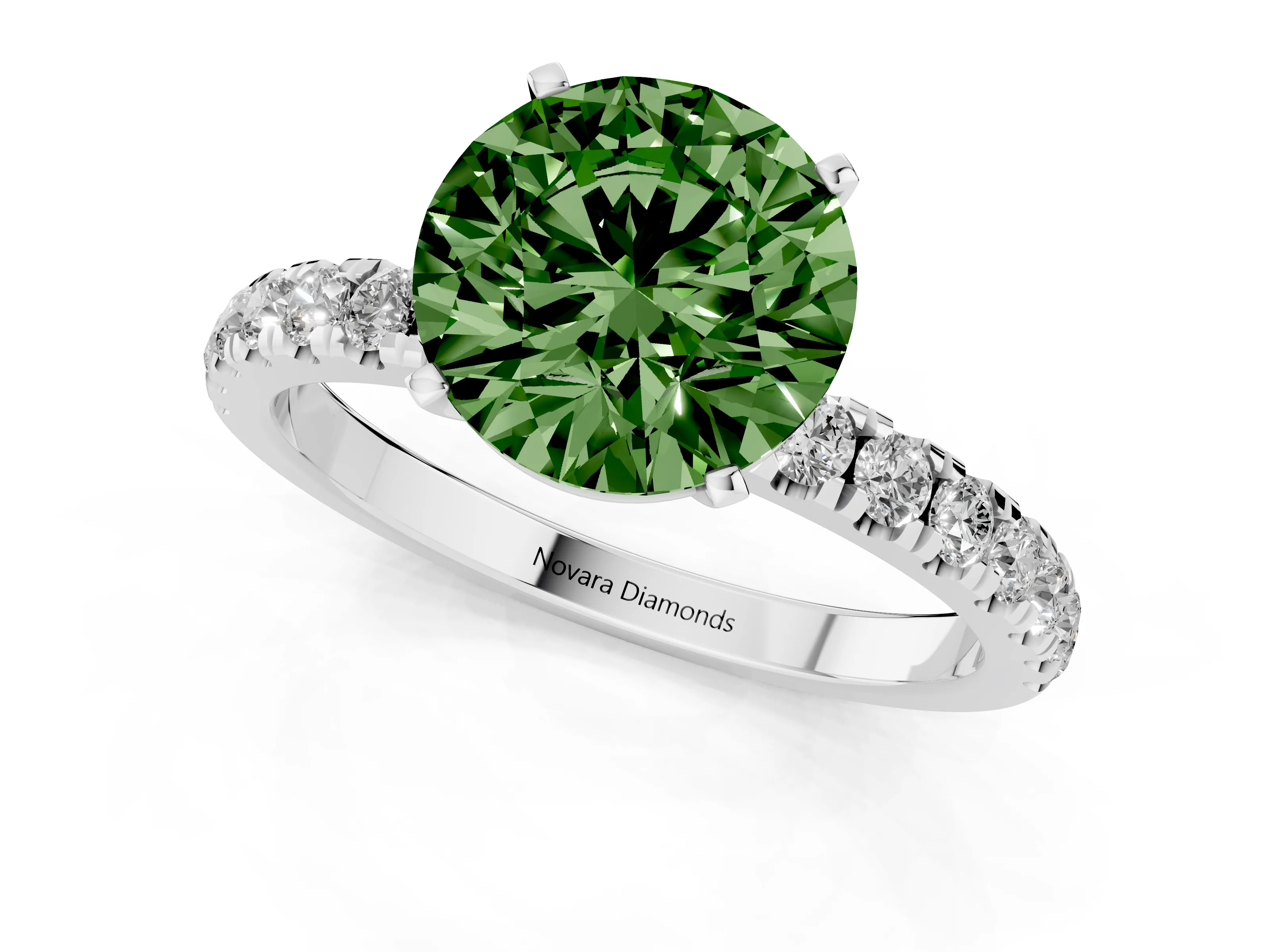 Fancy Green Round Cut Diamond Solitaire Ring Set in Silver with Pavé Accents and Prong Setting