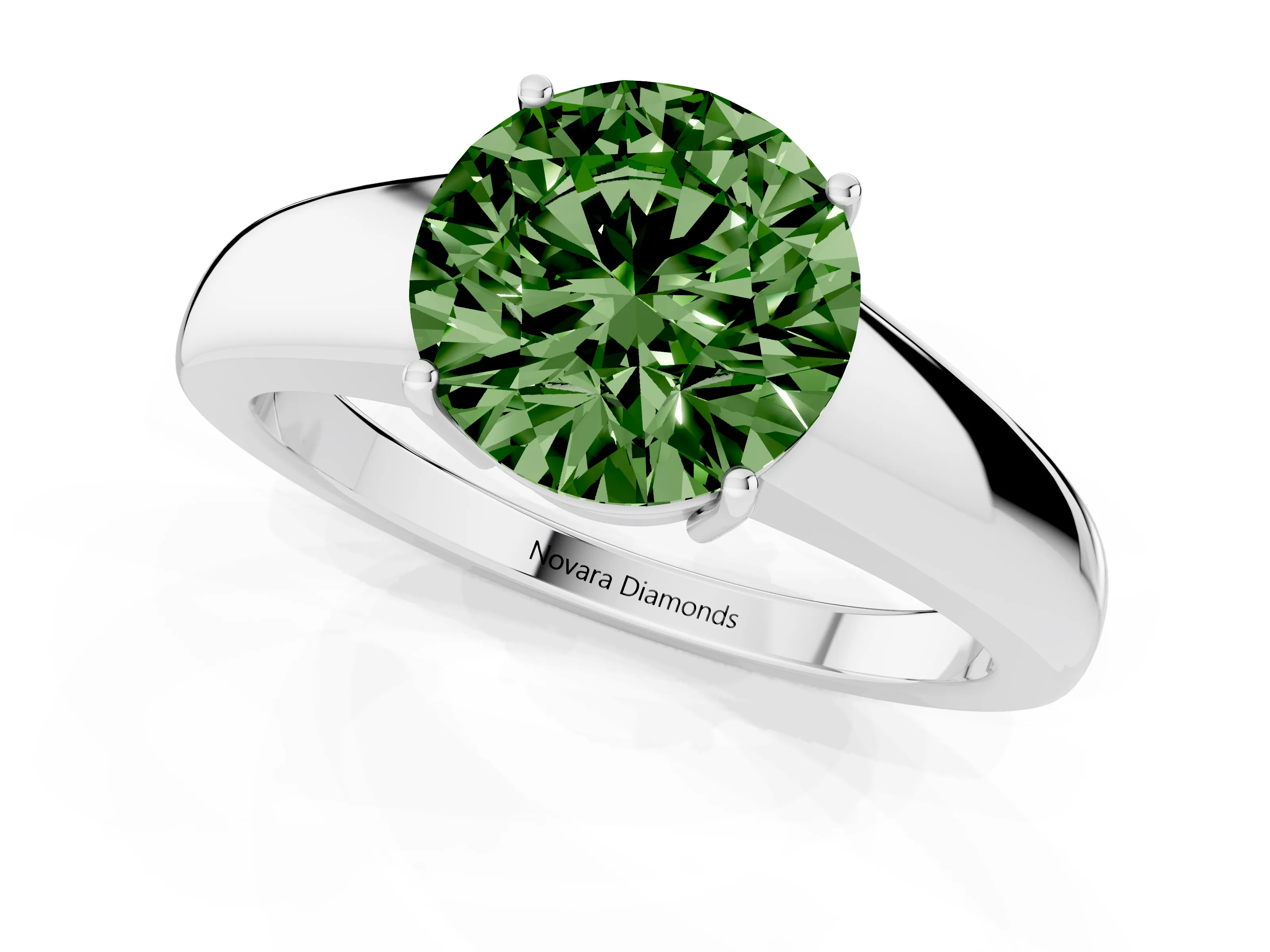 Fancy Green Round Cut Diamond Solitaire Ring Set in Silver with Tapered Band and Prong Setting