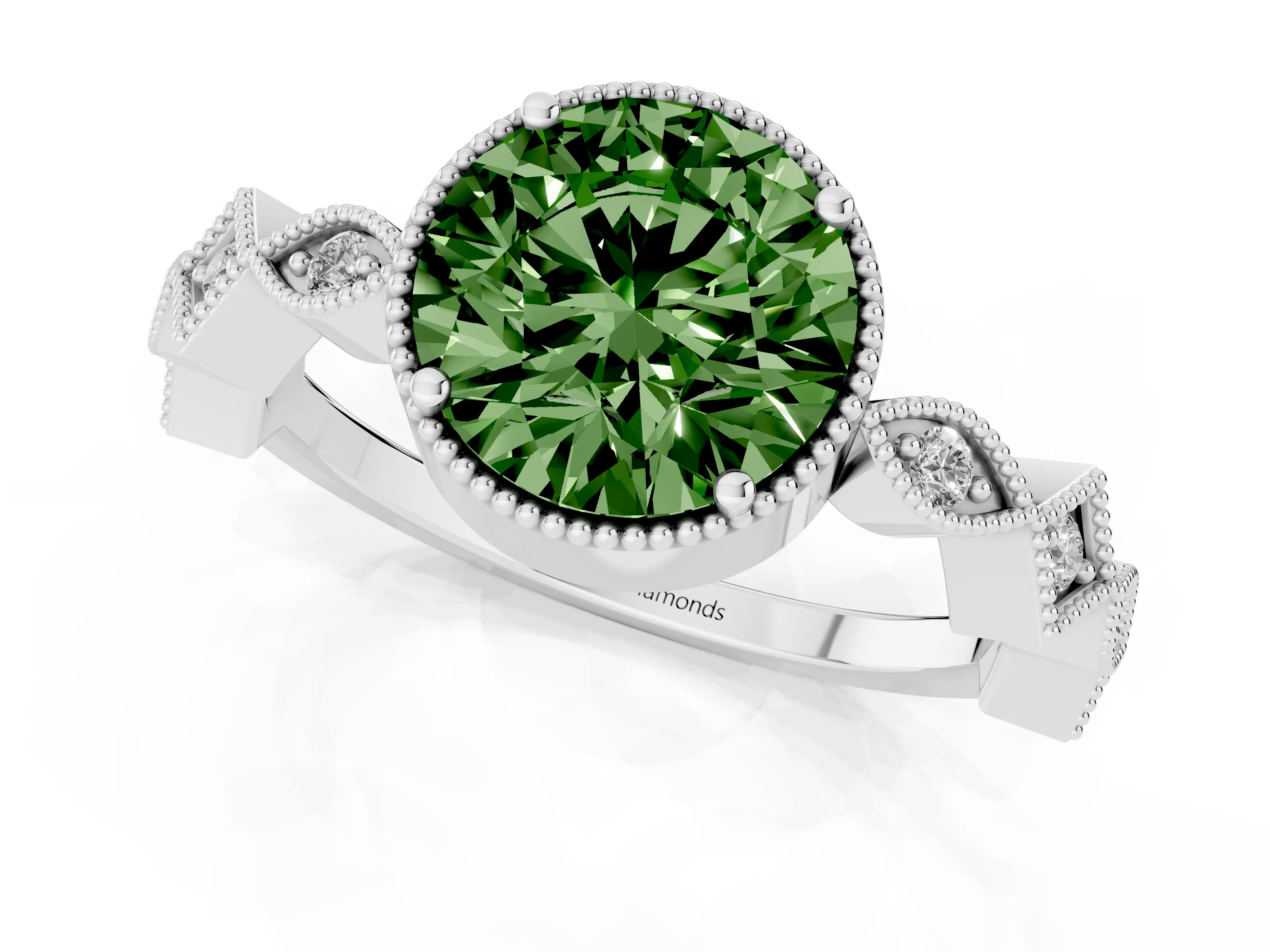 Fancy Green Round Cut Diamond Milgrain Marquise Twist Band Ring Set in Silver with Prong Setting