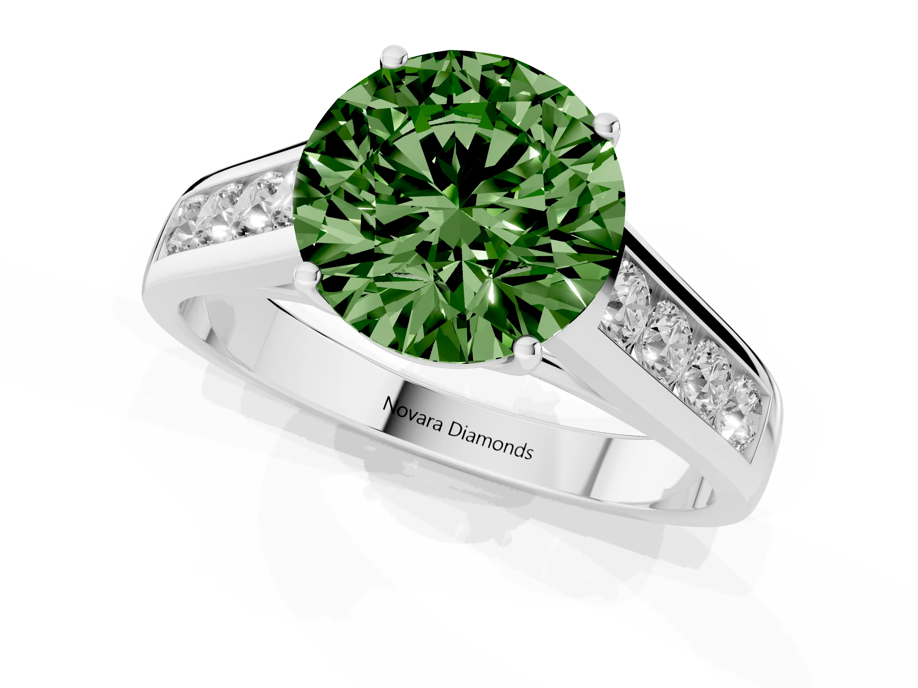 Fancy Green Round Cut Diamond Solitaire Channel-Set Engagement Ring Set in Silver with Prong Setting
