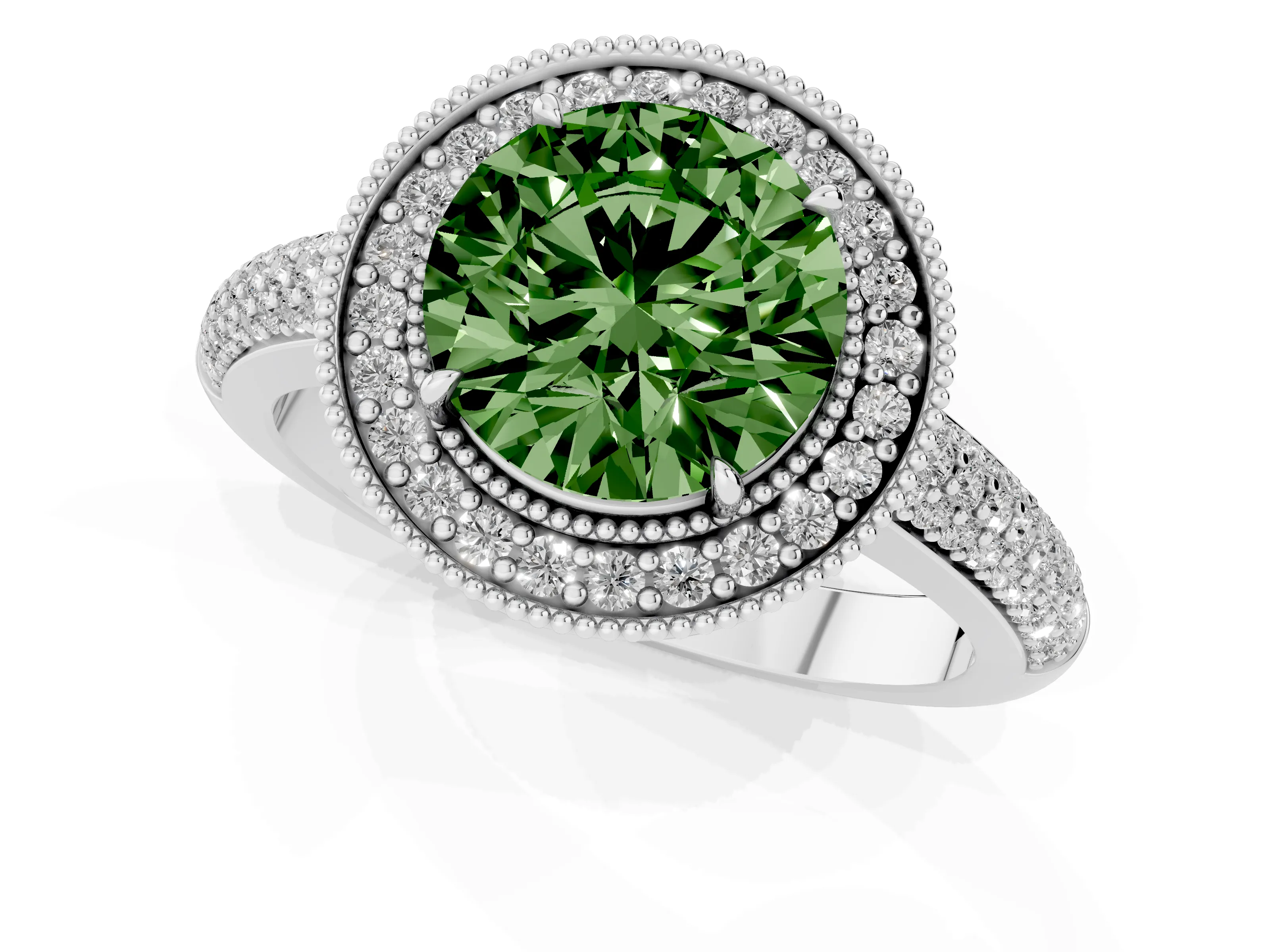 Fancy Green Round Cut Diamond Halo Pavé Band Set in White gold with Prong Setting