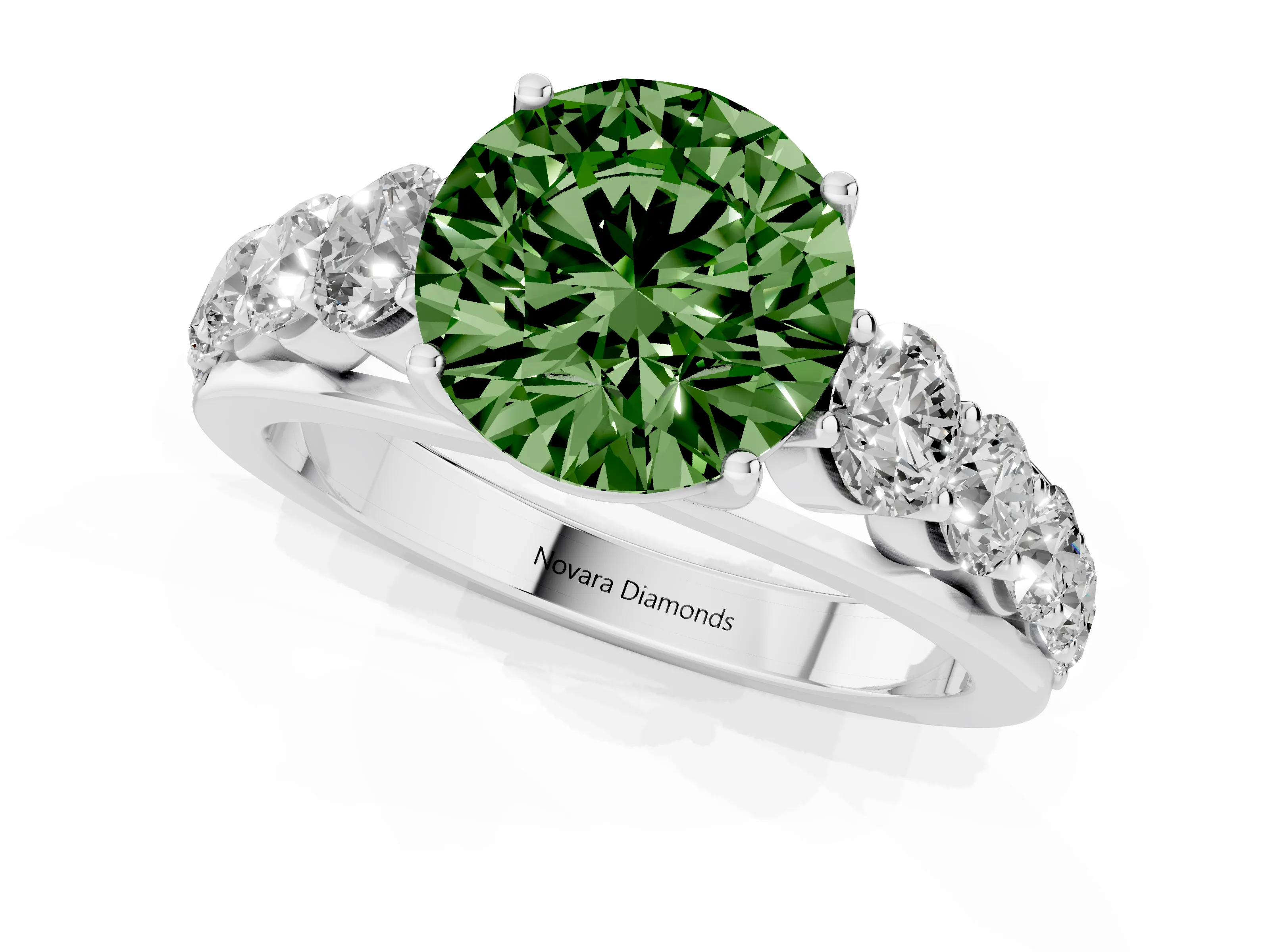 Fancy Green Round Cut Diamond Solitaire Ring Set in White gold with Pavé-Set Band and Prong Setting