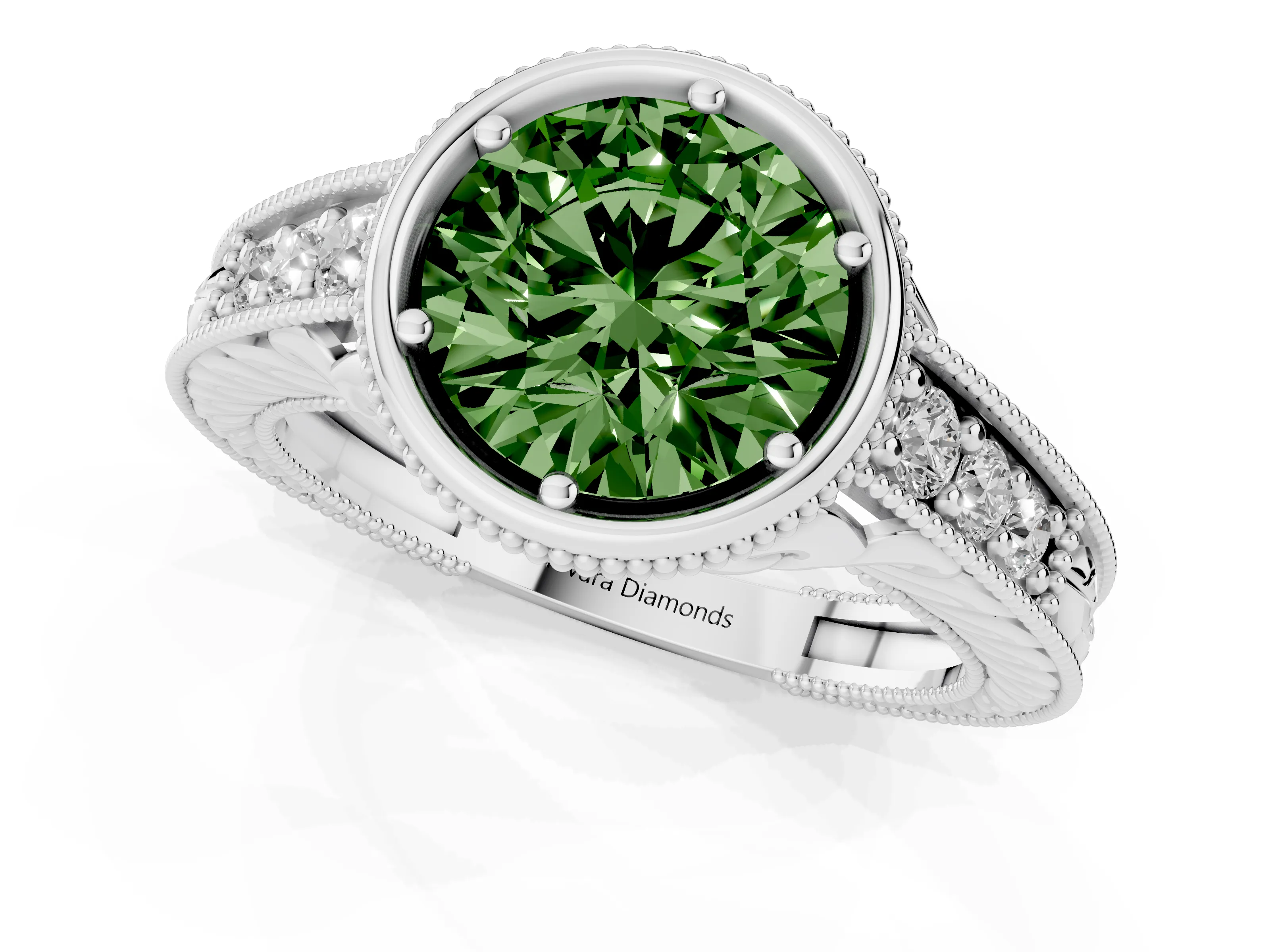 Fancy Green Bezel Set Round Cut Diamond Milgrain Pavé Engagement Ring Set in Silver