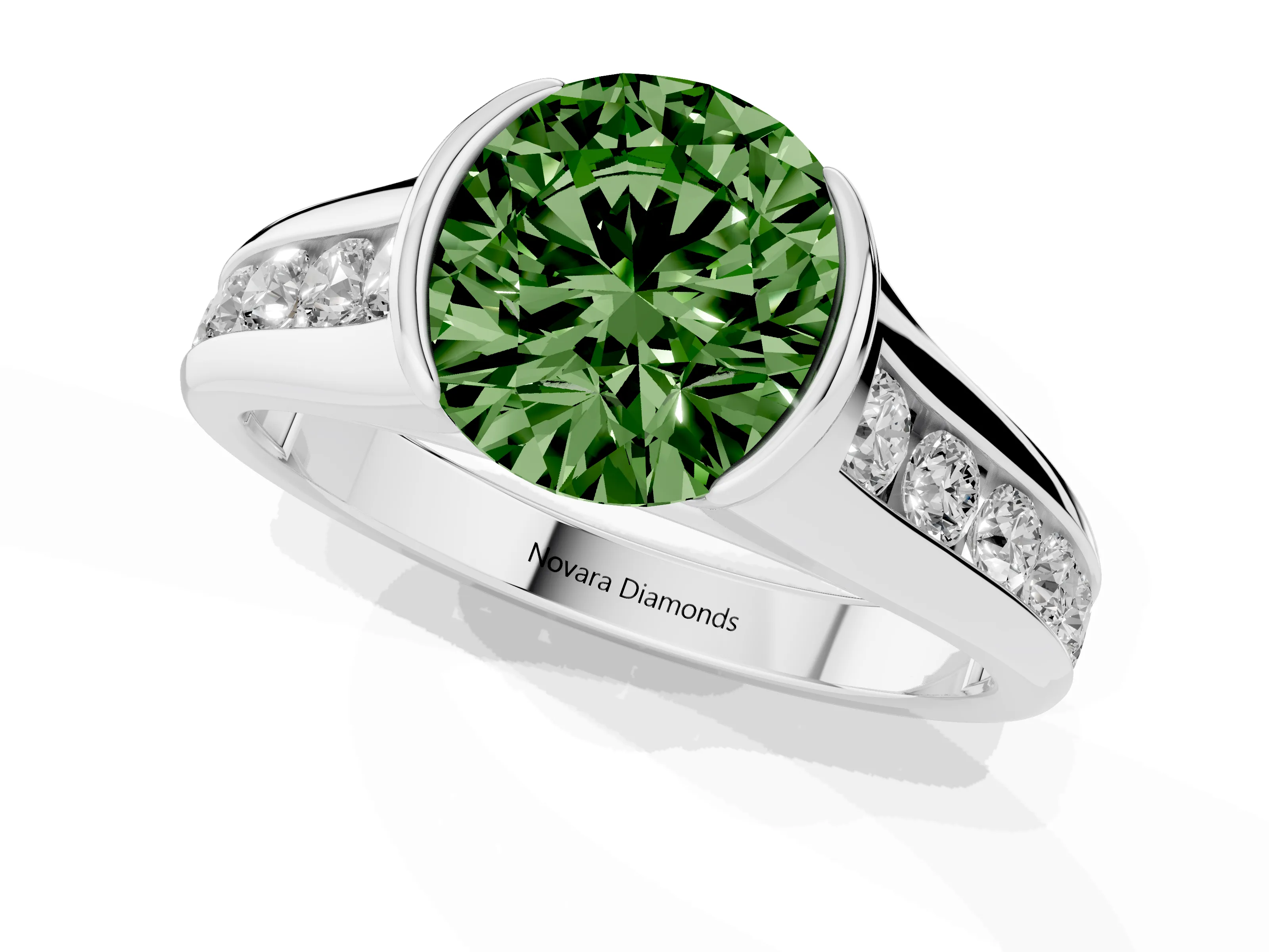 Fancy Green Round Cut Diamond Bezel-Set Solitaire Ring Set in White gold with Channel-Set Band