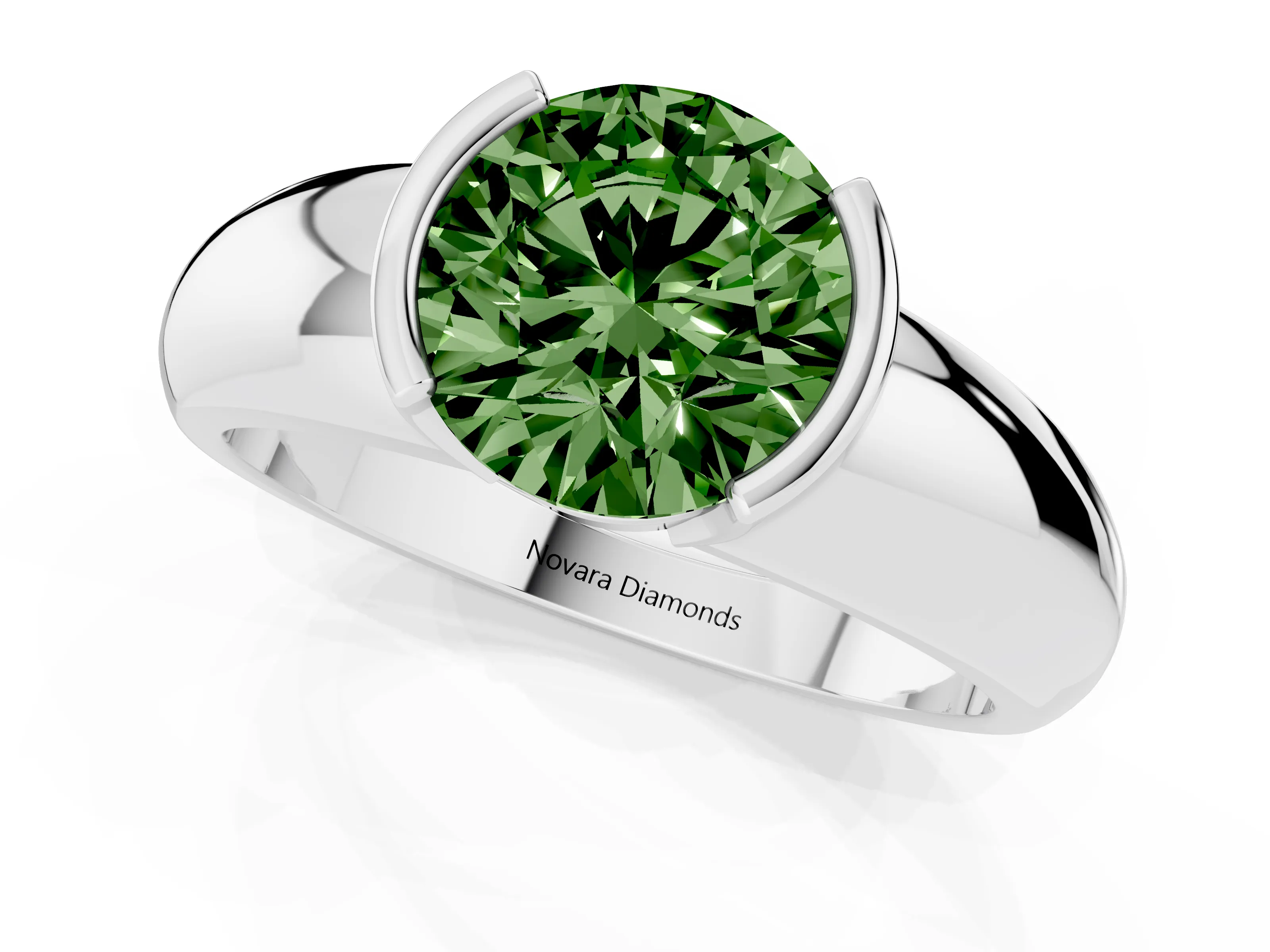 Fancy Green Round Cut Diamond Solitaire Tension Set Ring Set in White gold with Wide Band