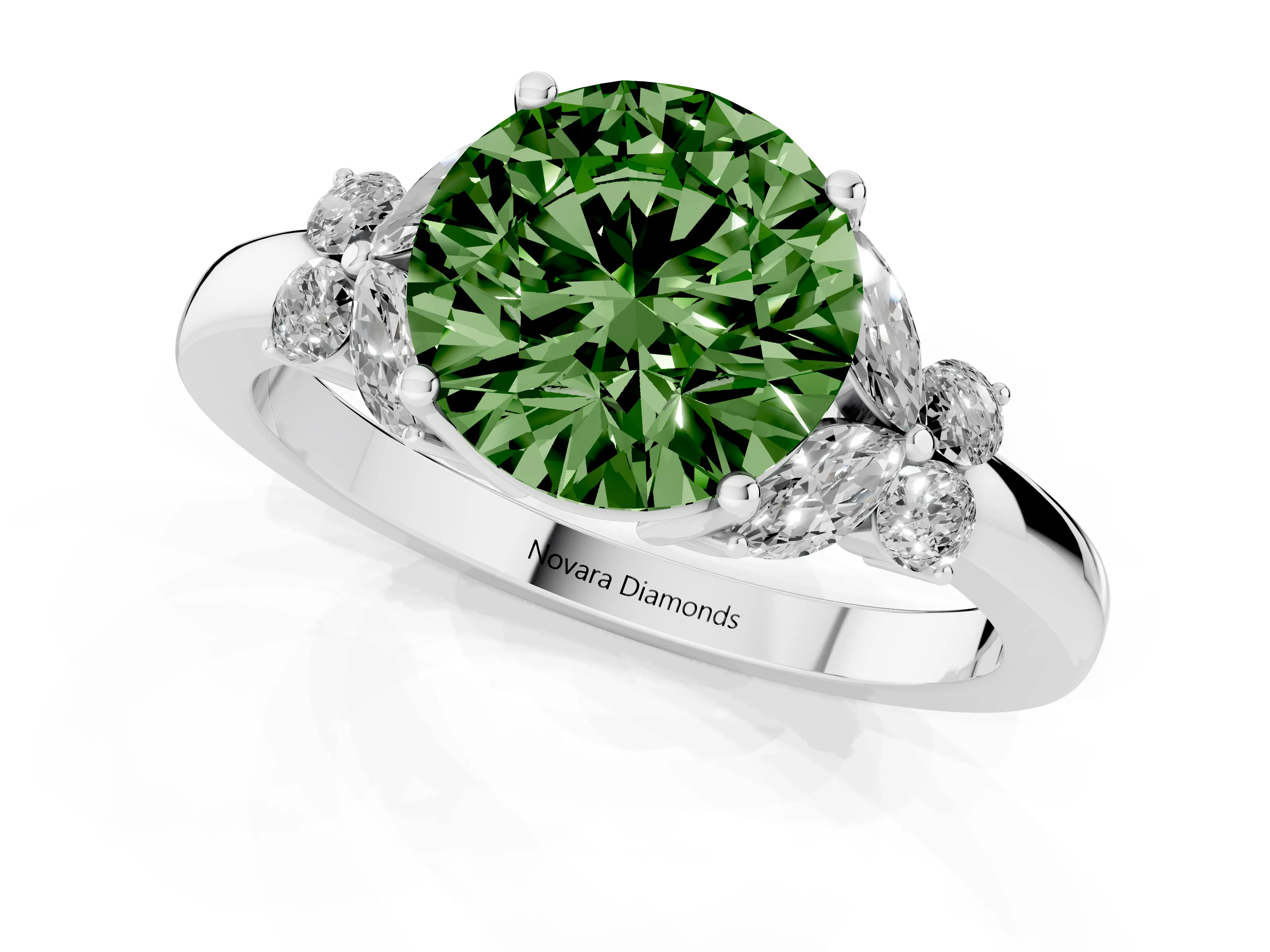 Fancy Green Round Cut Diamond Solitaire Floral Ring Set in Silver with Marquise Petals and Prong Setting