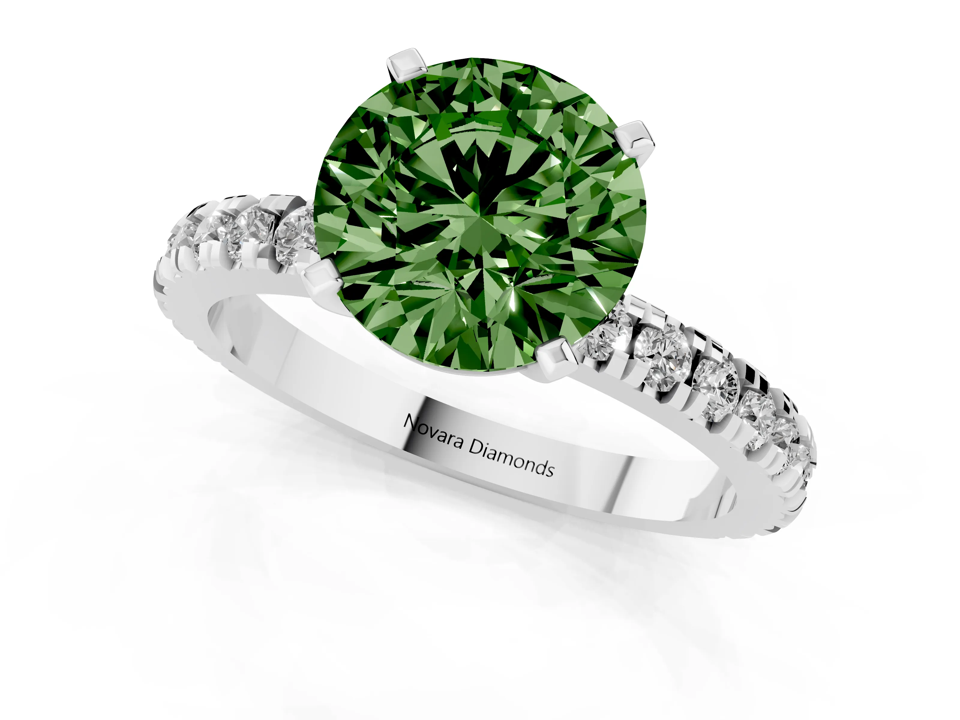 Fancy Green Round Cut Diamond Pavé Band Solitaire Set in Silver with Prong Setting